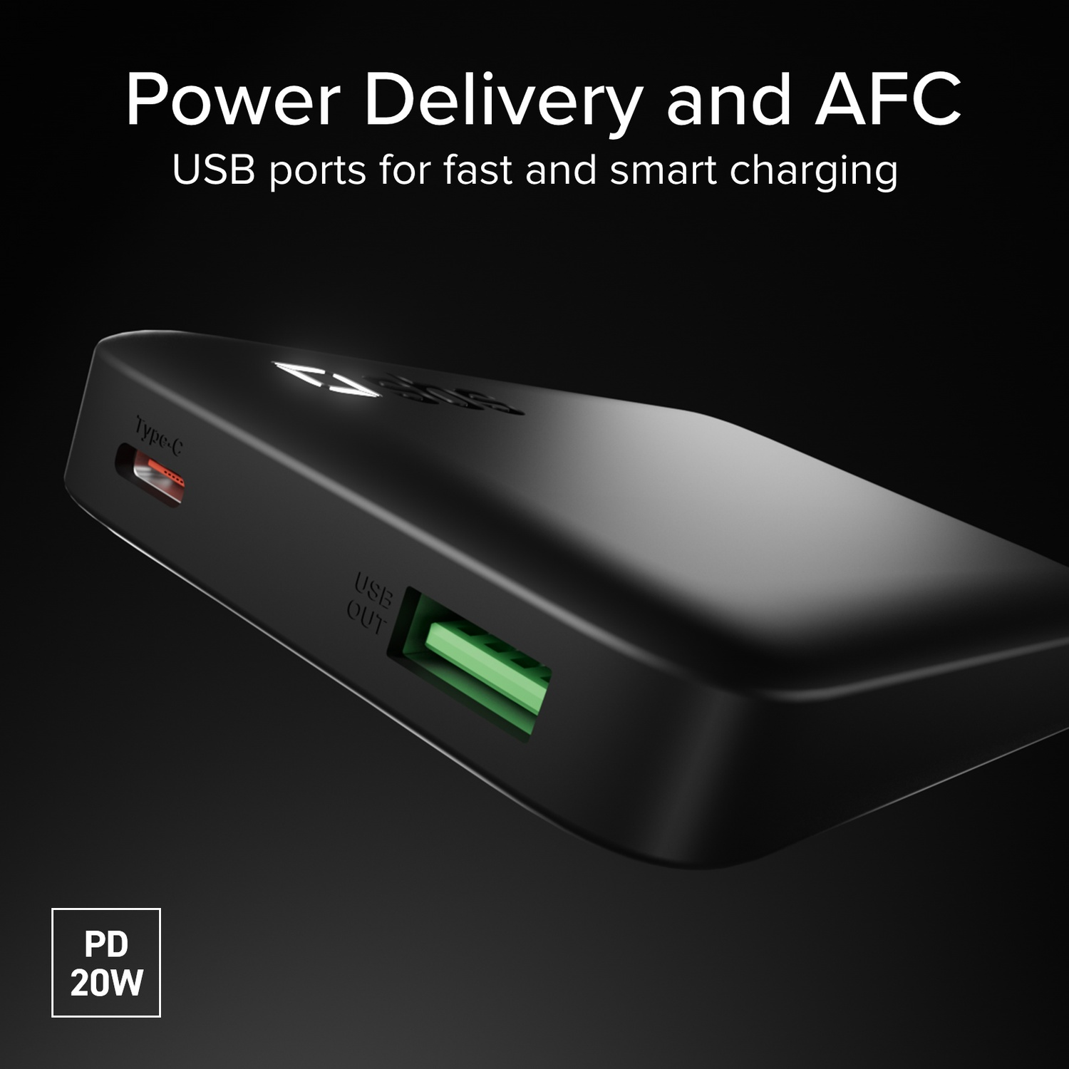 Zwarte lader met USB-C en USB-A poorten, 20W PD.