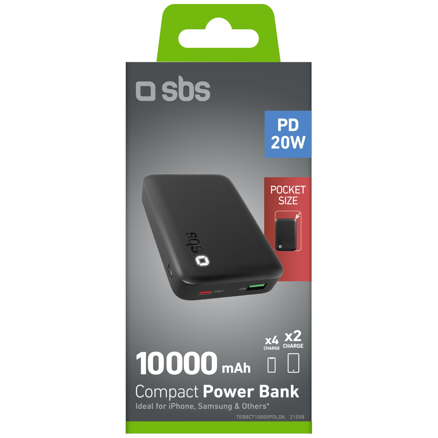 Zwarte SBS 10000mAh powerbank met 20W PD, ideaal voor smartphones.