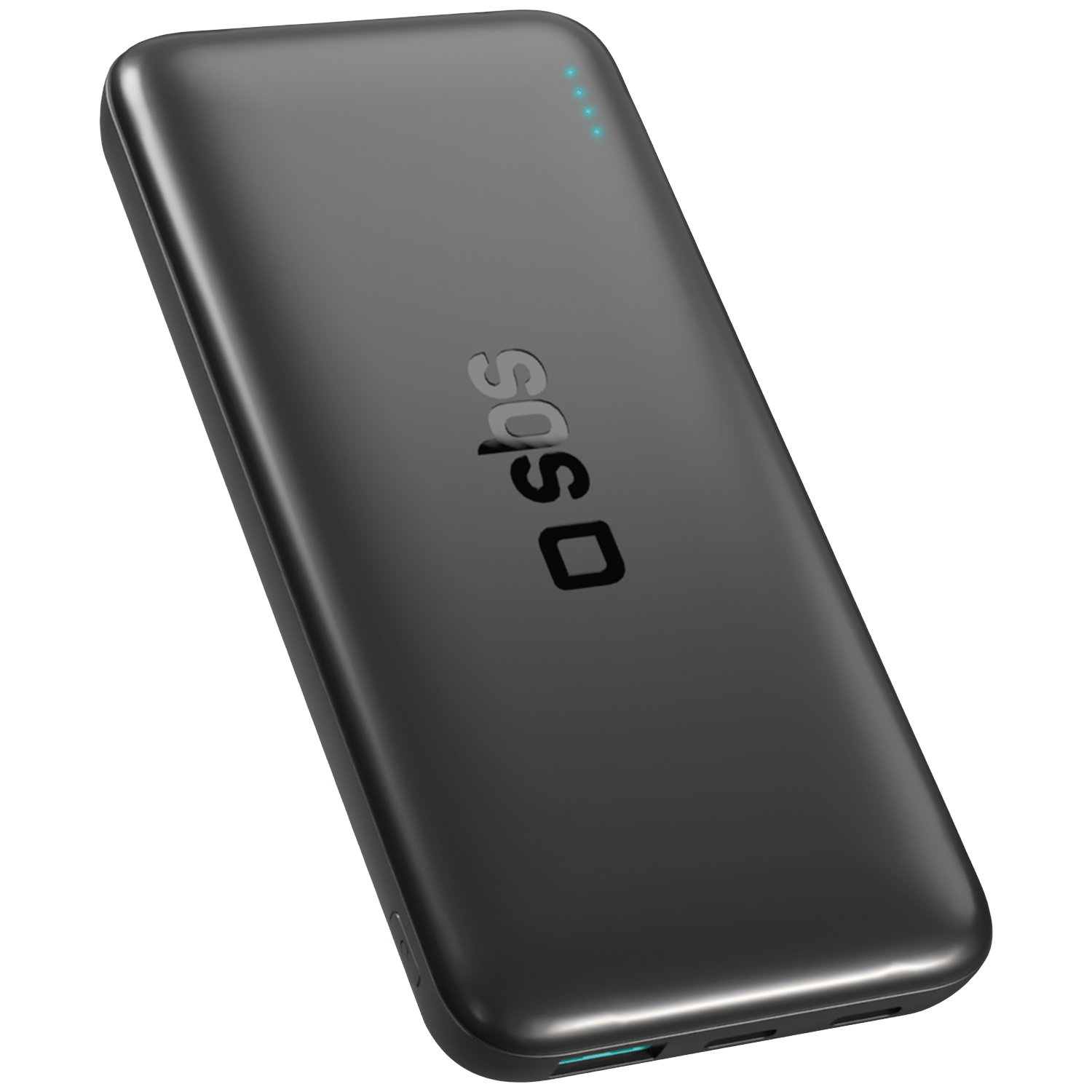 Zwarte powerbank met SBS-logo en blauwe oplaadindicatielampjes.