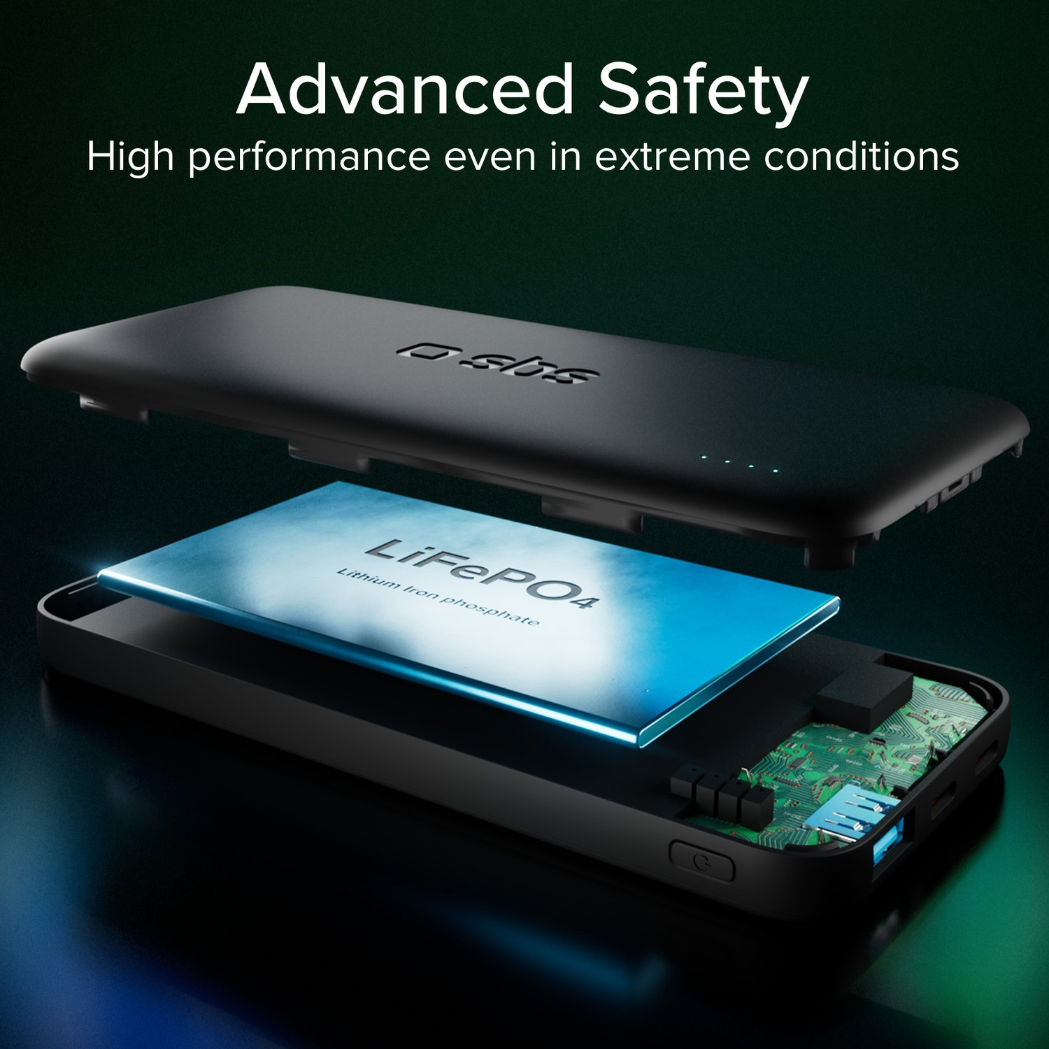 Exploded view van een zwarte powerbank met LiFePO4-batterij.