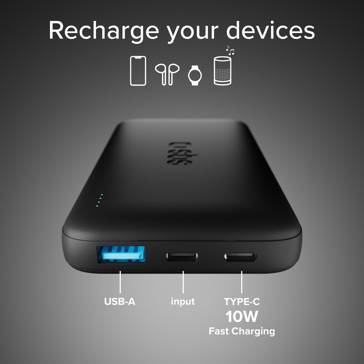 Zwarte powerbank met USB-A, input en USB-C poorten.