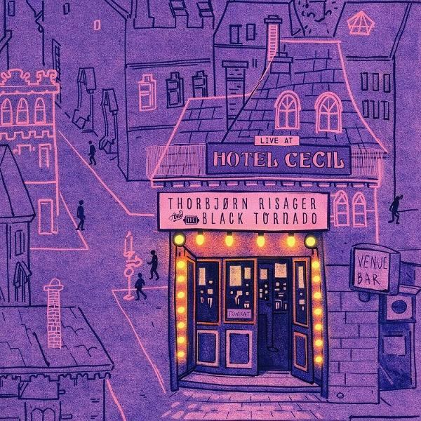 Illustrierte Stadtansicht mit Hotel Cecil und einer Aufführung von Thorbjörn Risager & The Black Tornado.