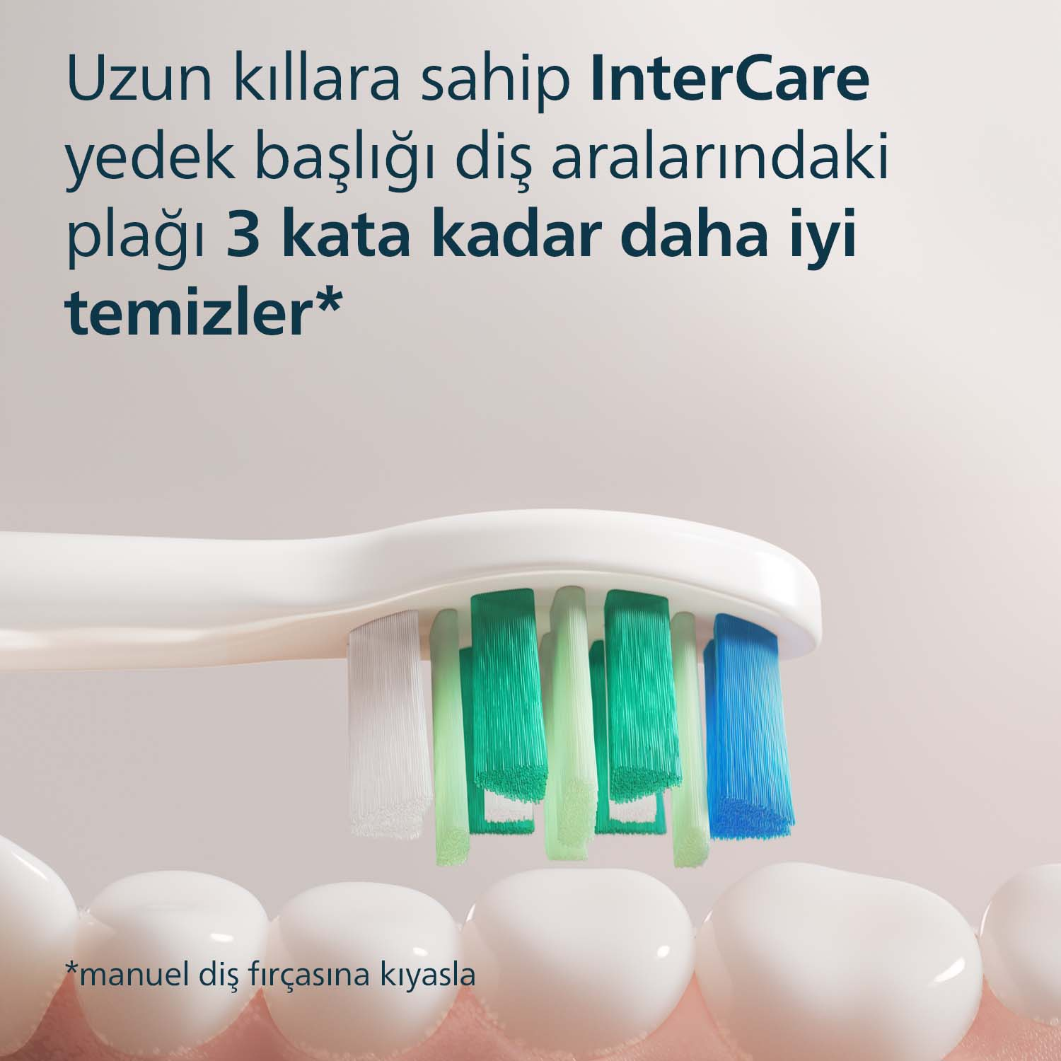 Yeşil ve mavi kıllara sahip beyaz diş fırçası başlığı dişleri temizler.
