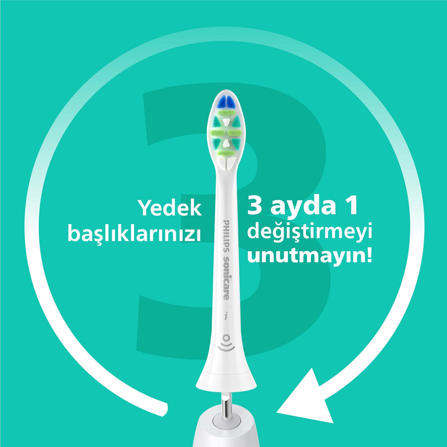 Mavi ve yeşil kıllı beyaz Philips Sonicare diş fırçası başlığı. Metin: „3 ayda 1“.
