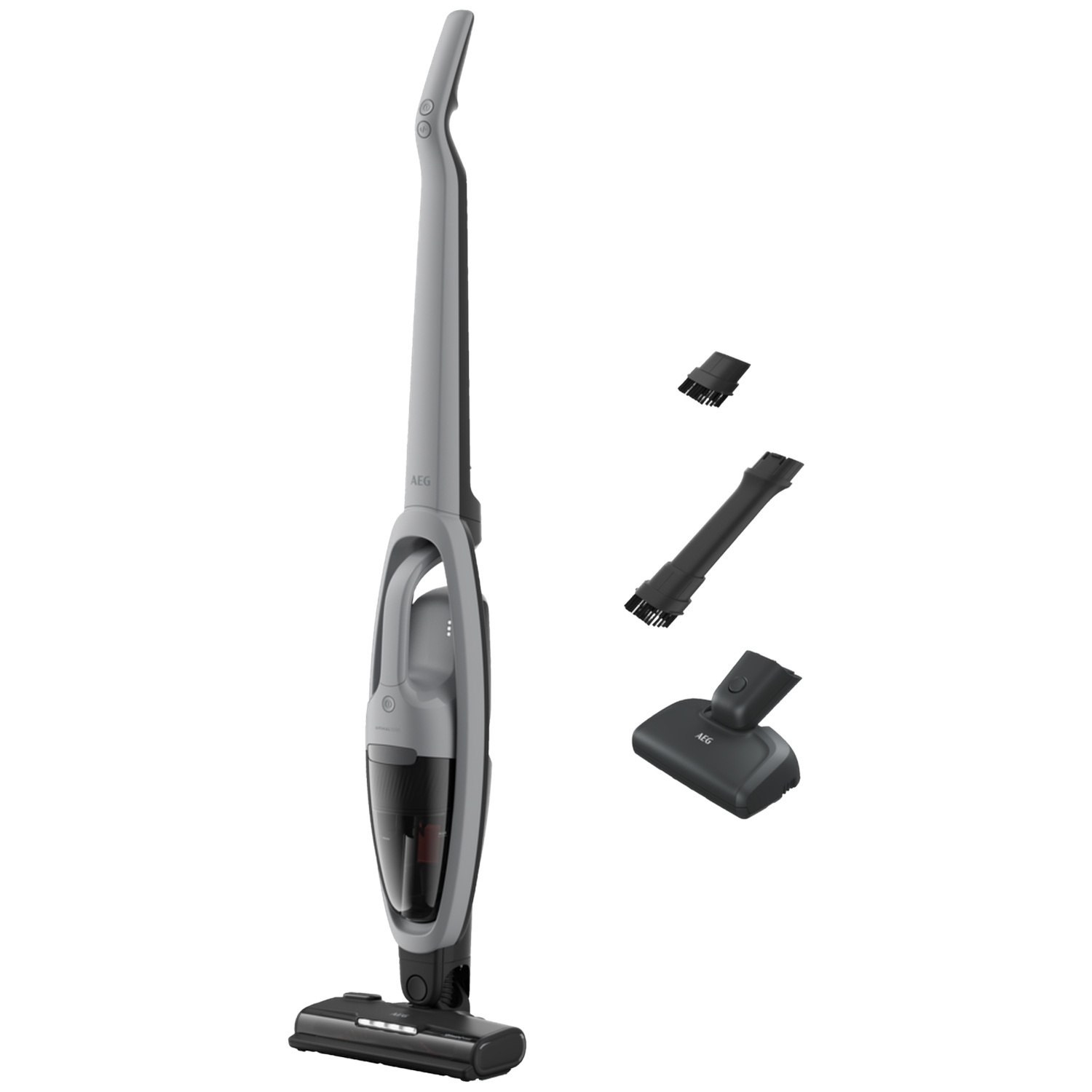 Gray AEG vacuum cleaner with accessories: floor nozzle, crevice tool, brush.