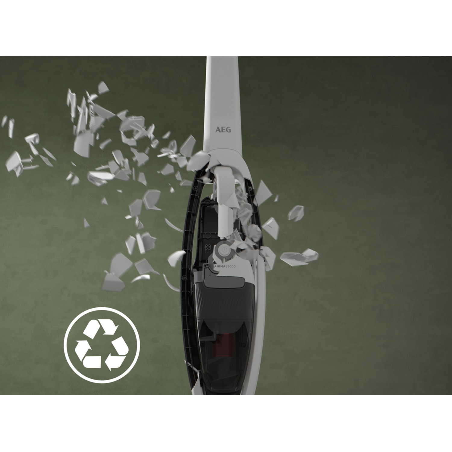 A white AEG vacuum cleaner is breaking apart into white pieces. Recycling symbol on left.