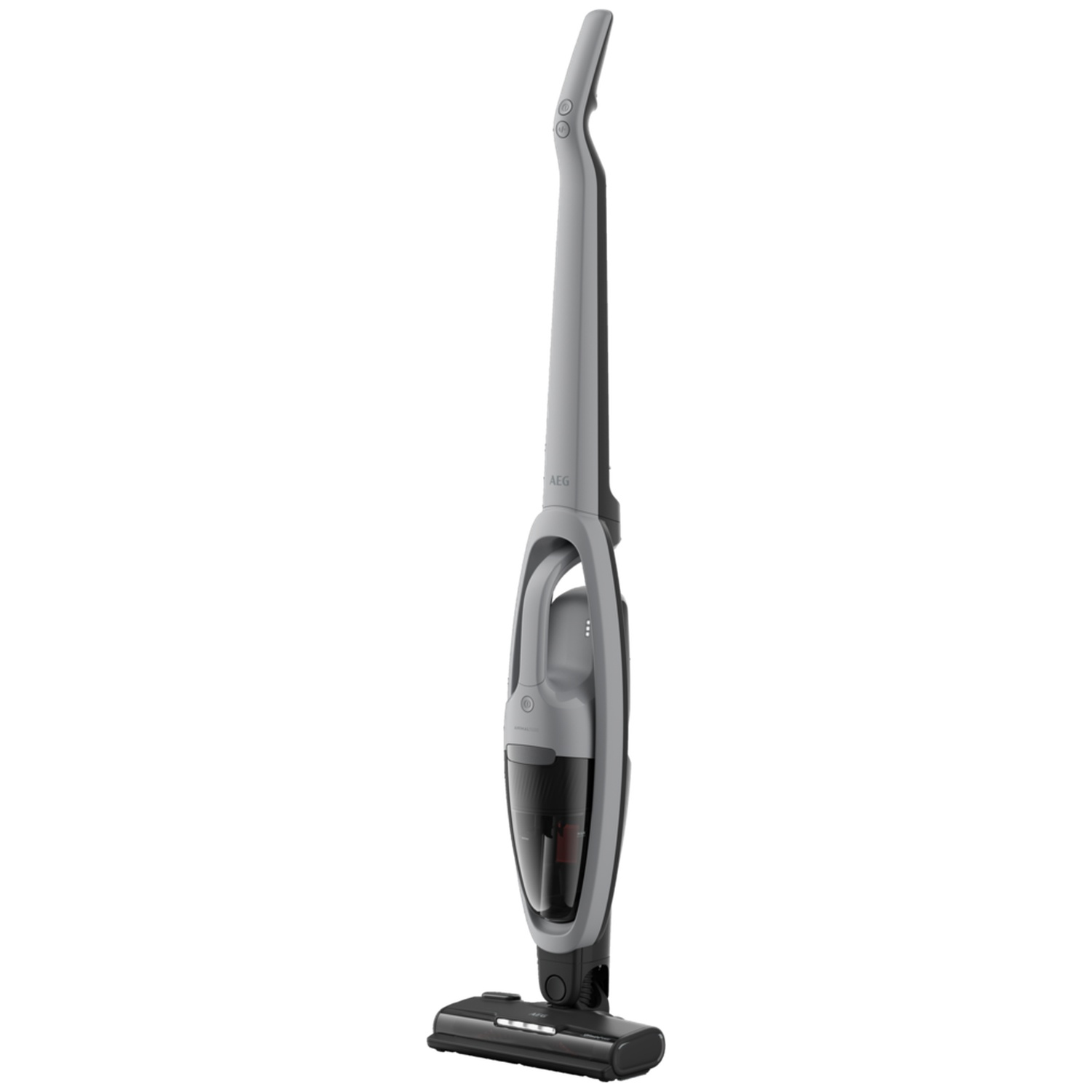 A gray cordless vacuum cleaner with a black floor nozzle on a white background.