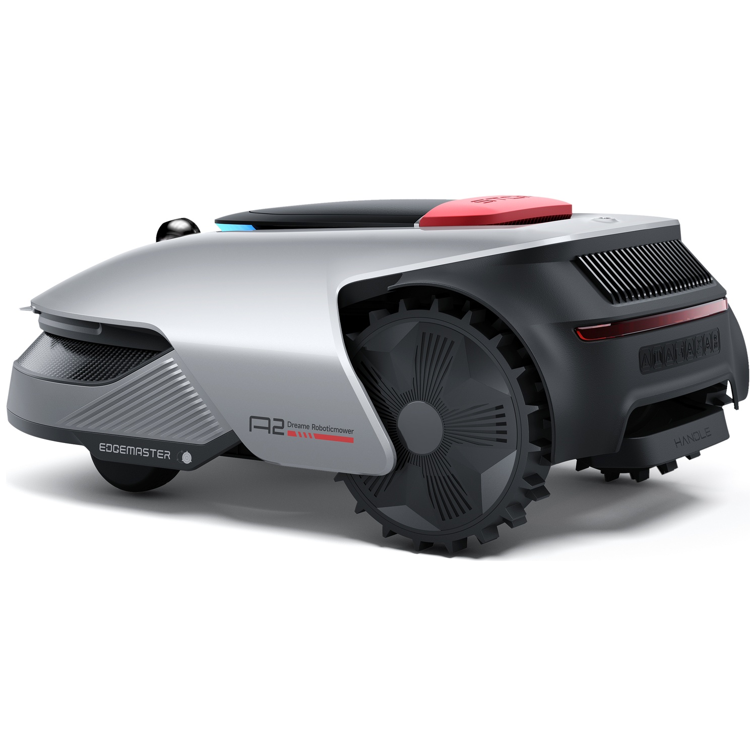 A silver and black robot lawn mower with large wheels and red accents.