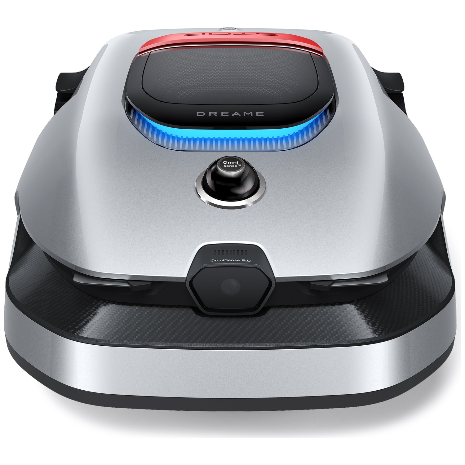 A silver robot mower with blue LED lights and a red stop button.