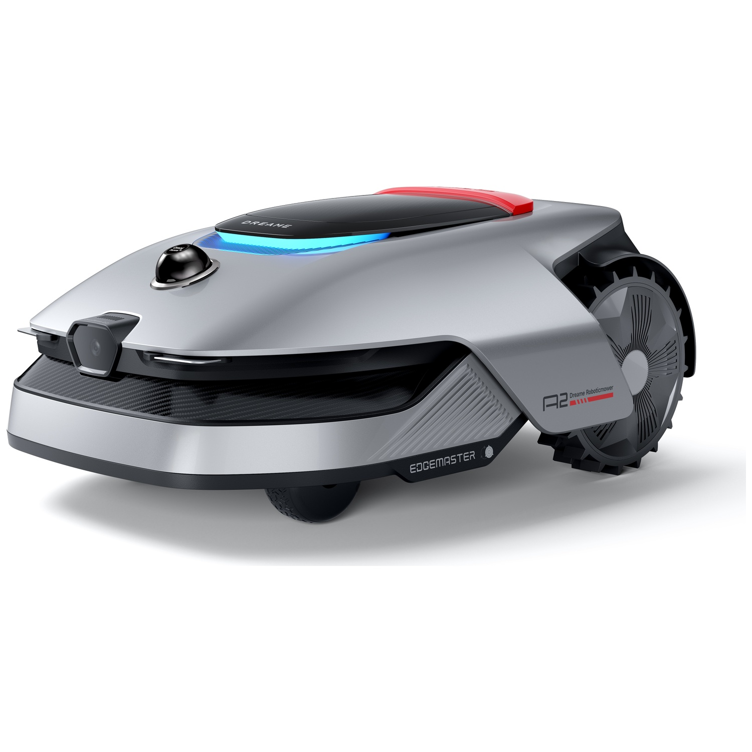 A silver robotic mower with blue lights, a red accent, and a black wheel.