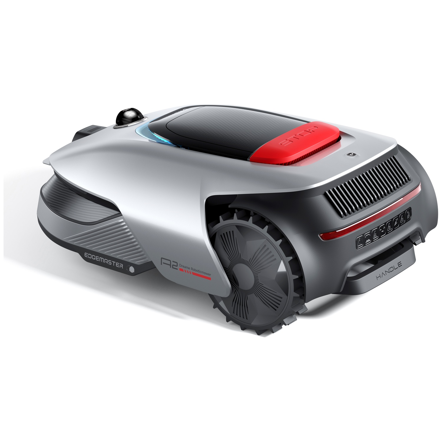 Silver robotic mower with black wheel and red stop button.