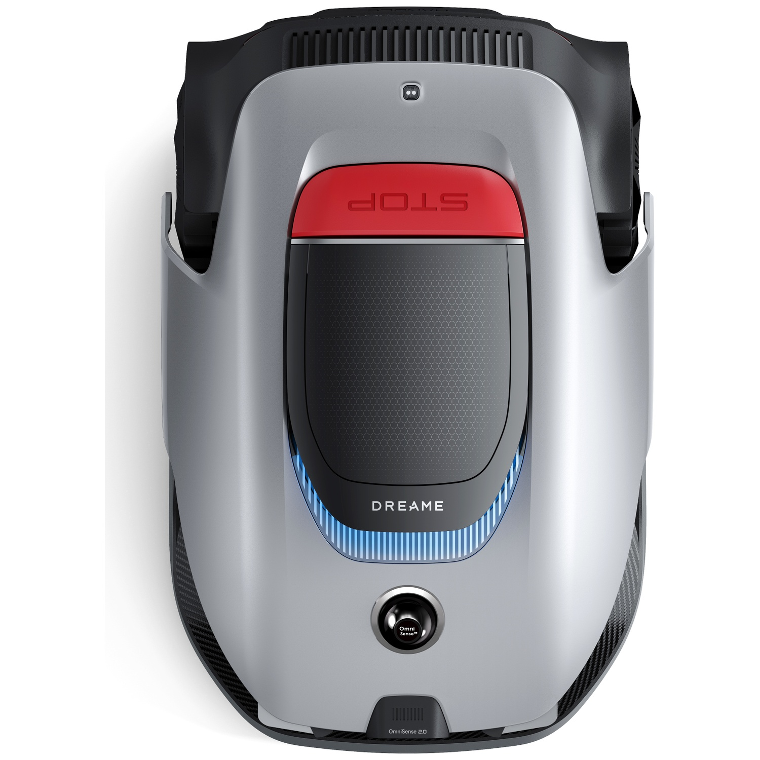 A silver robot vacuum with a red stop button and blue lights.