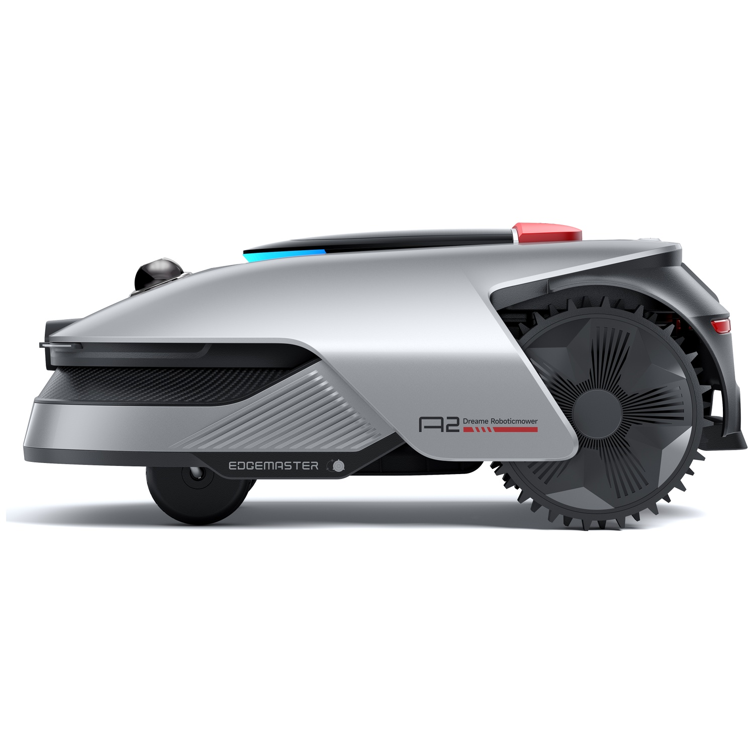 A silver robotic mower with large wheels and blue and red lights.