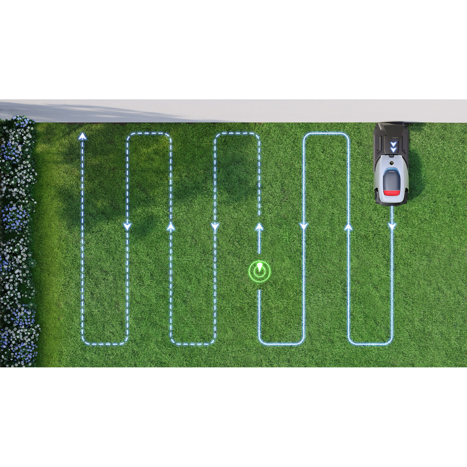 A robotic lawn mower navigates a green lawn, guided by blue lines and arrows.