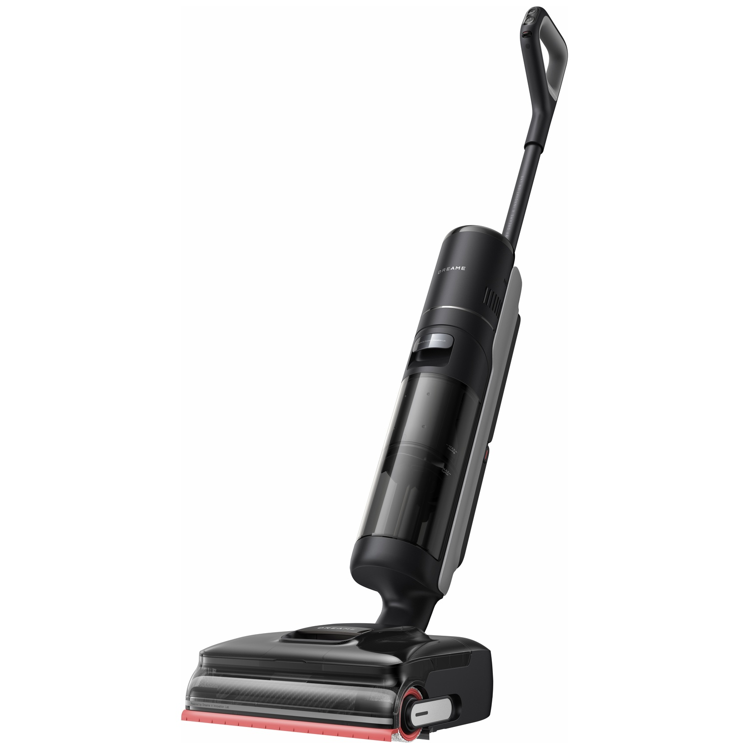 Un aspirateur eau et poussière noir avec des accents argentés et un réservoir à saleté transparent.