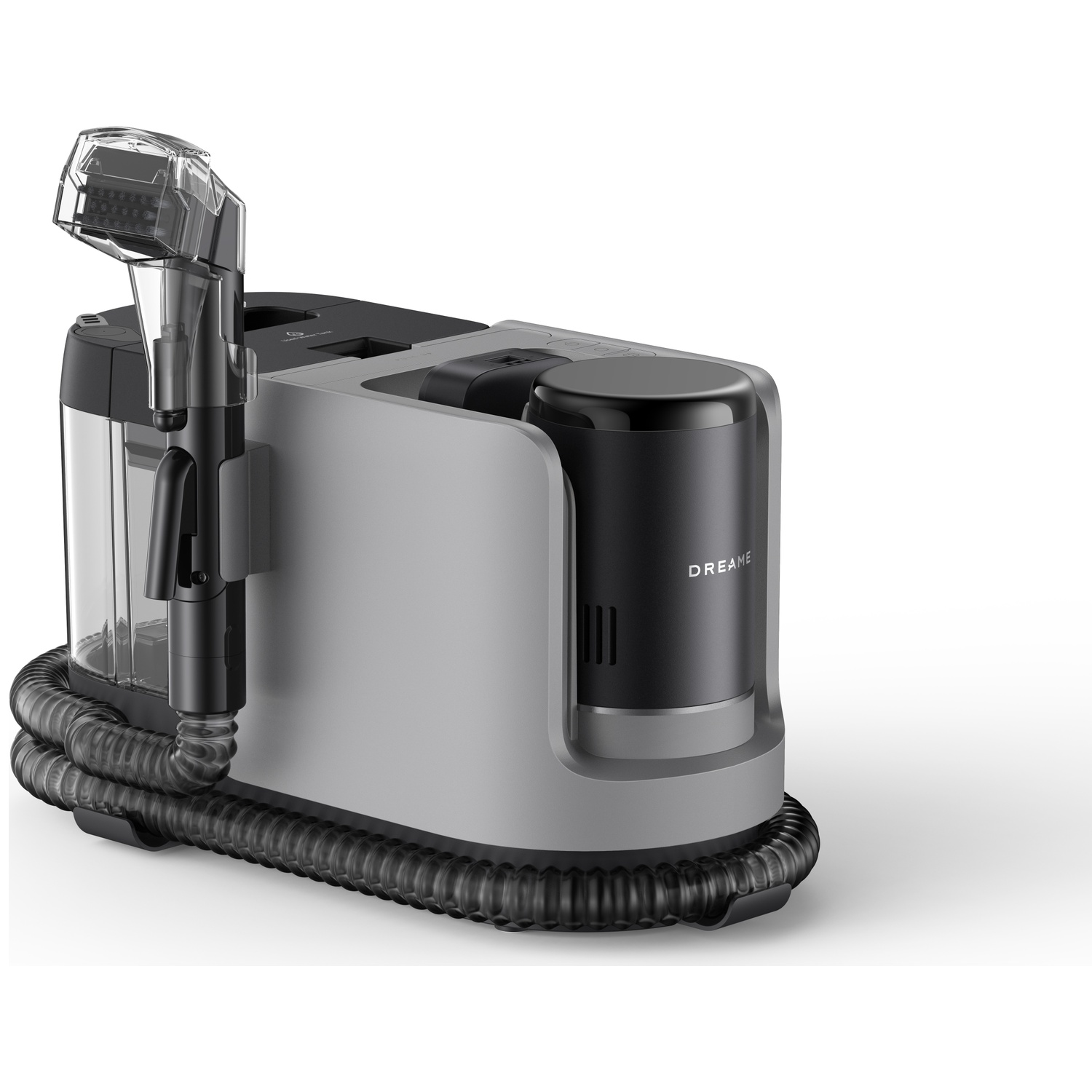 Appareil de nettoyage gris et noir avec tuyau et tête de brosse.