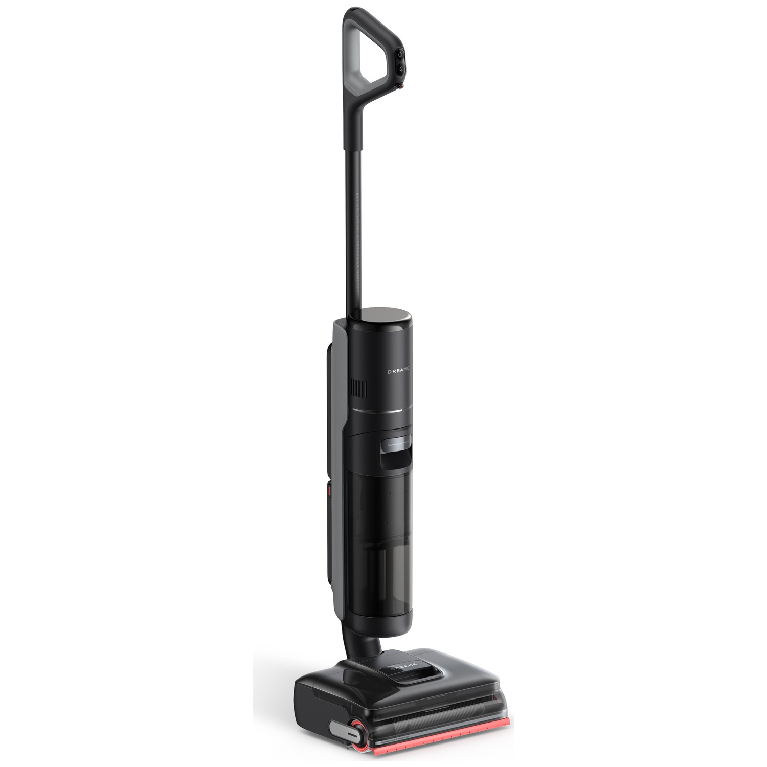 Un aspirateur eau/poussière noir moderne avec réservoir d'eau transparent et éclairage LED.