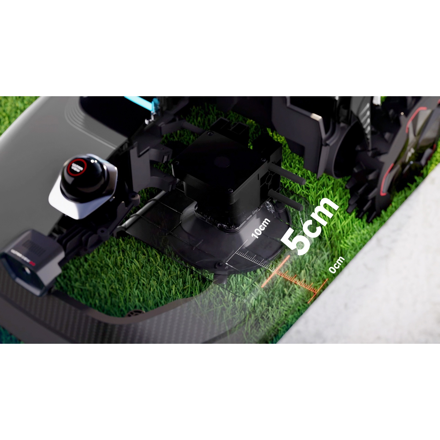 Une tondeuse à gazon robotisée noire sur l'herbe avec échelle.