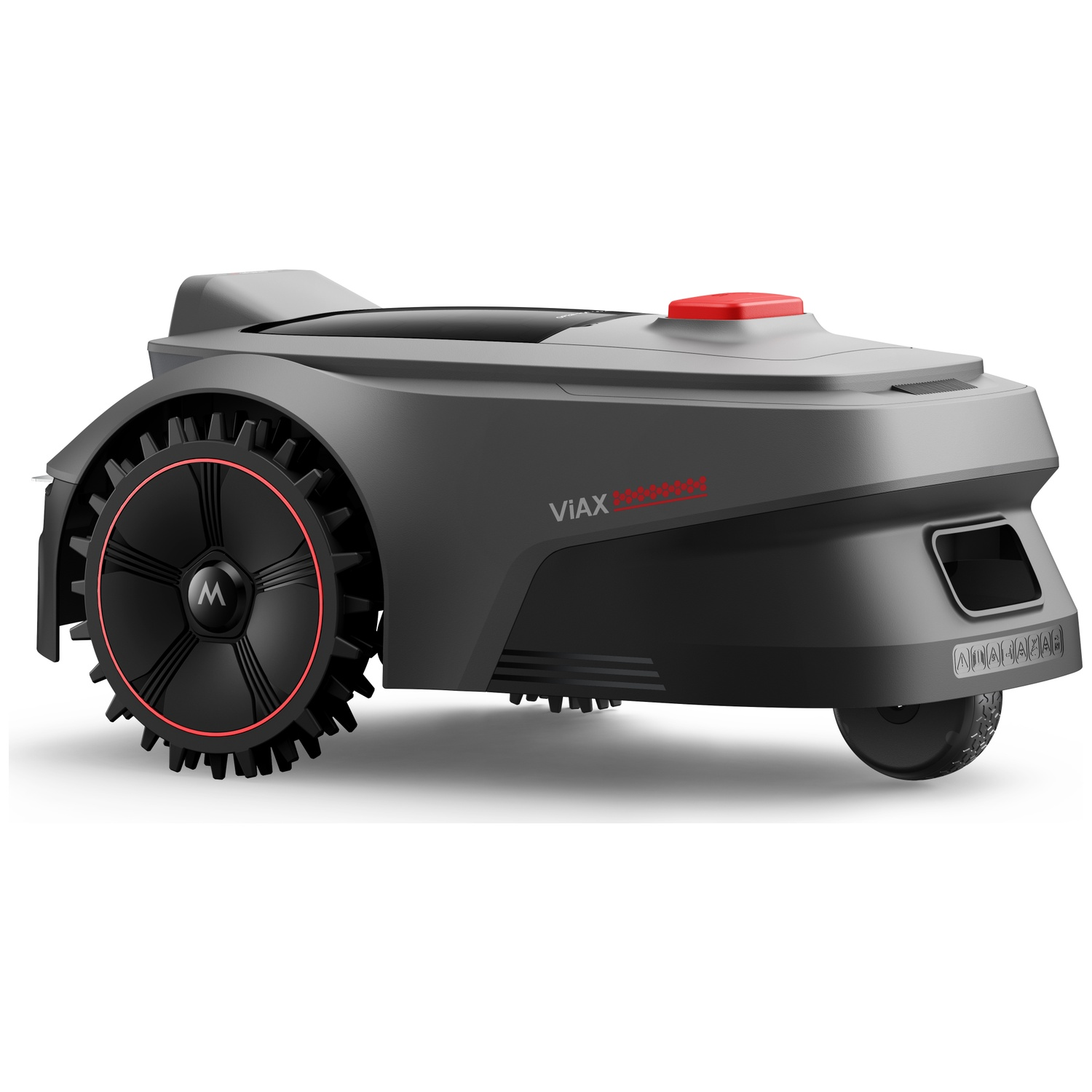 Een donkergrijze robotgrasmaaier met rode accenten en een rode knop.