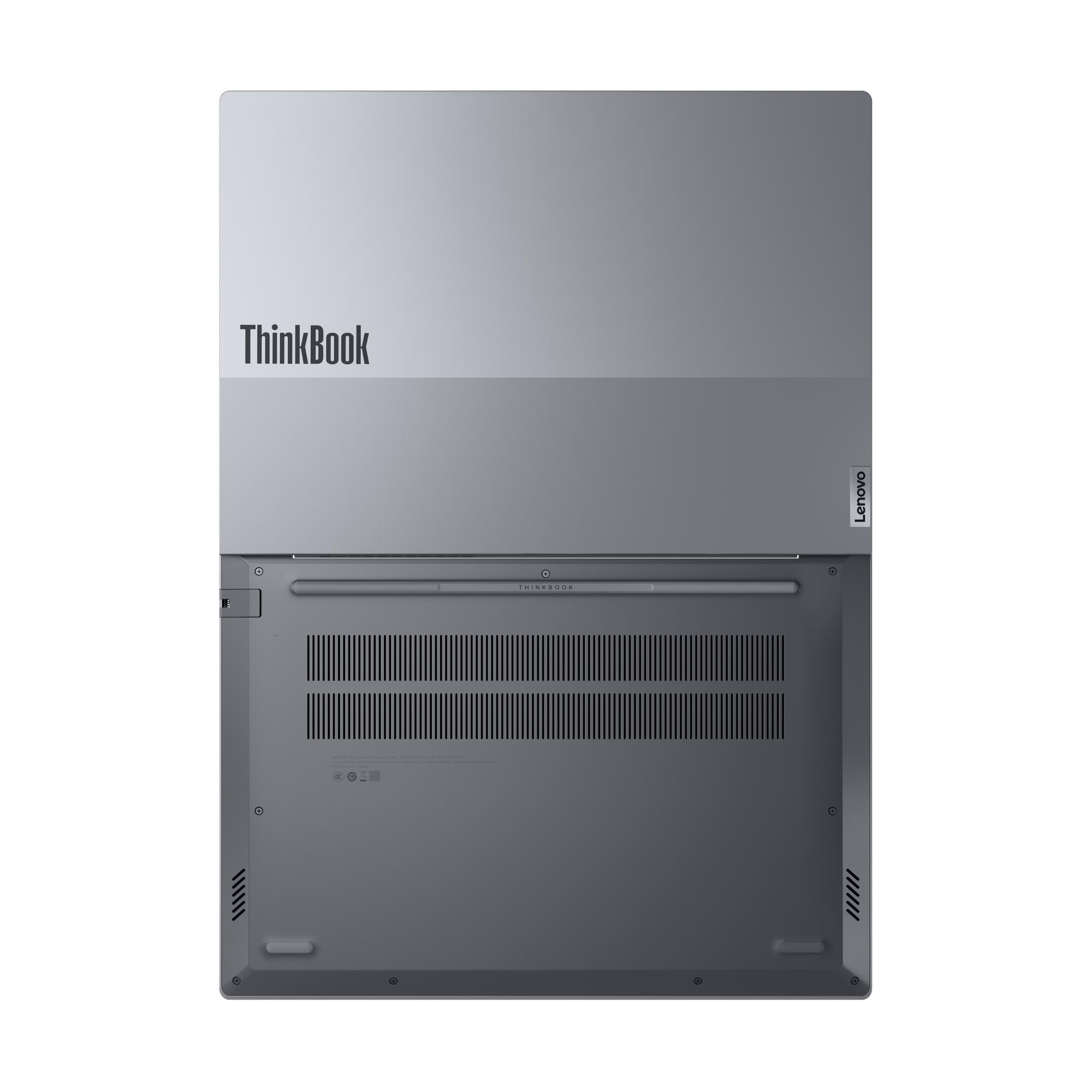 Szürke laptop hátulnézete ThinkBook és Lenovo logókkal.