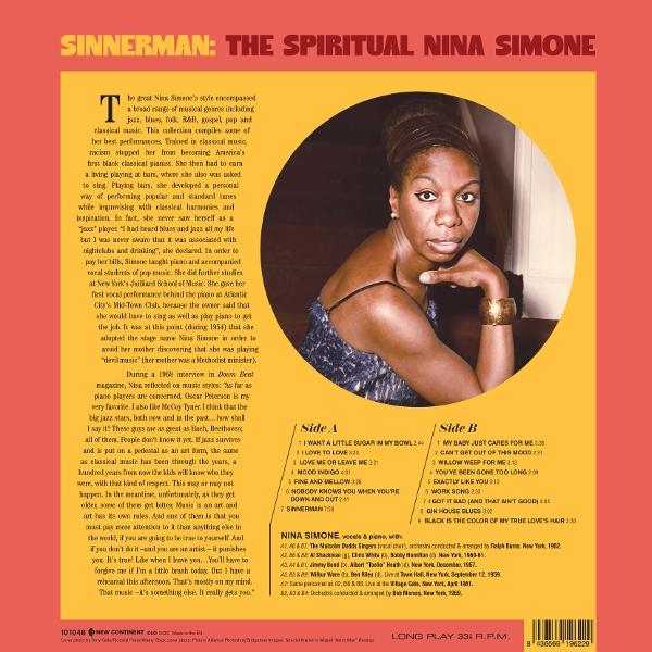 Nina Simone Porträt mit Texten über ihre Musik und Tracklisten für Seite A und B.