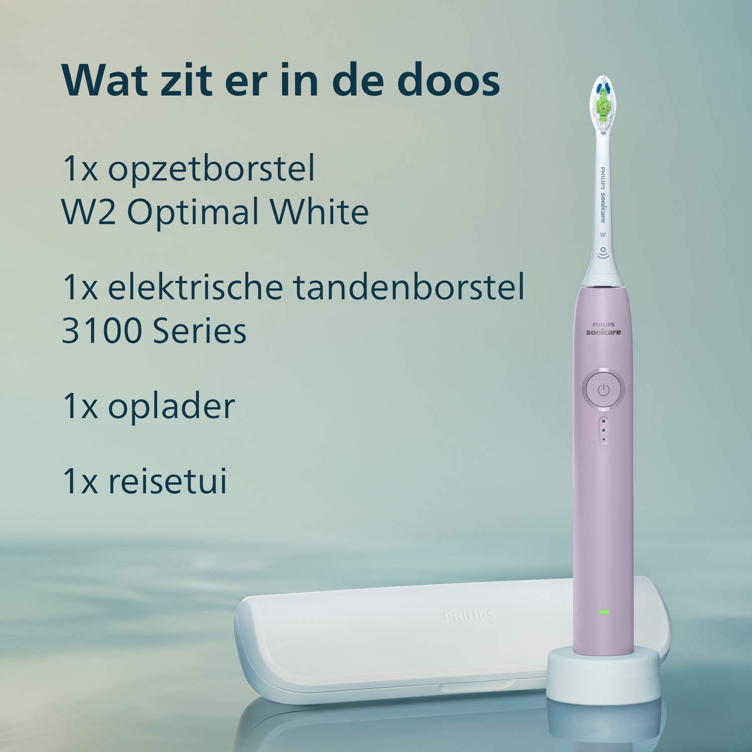 Paarse elektrische tandenborstel met opzetborstel, oplader en etui.