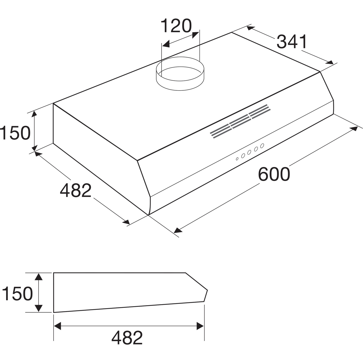 Technical drawing of a range hood with dimensions. A pipe protrudes from the top.