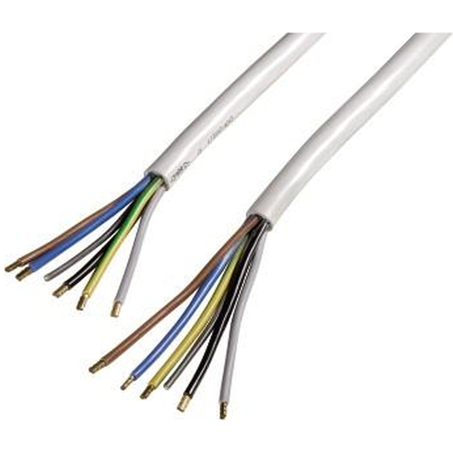 Two white cables with exposed wires in blue, brown, gray, green, yellow, and black.