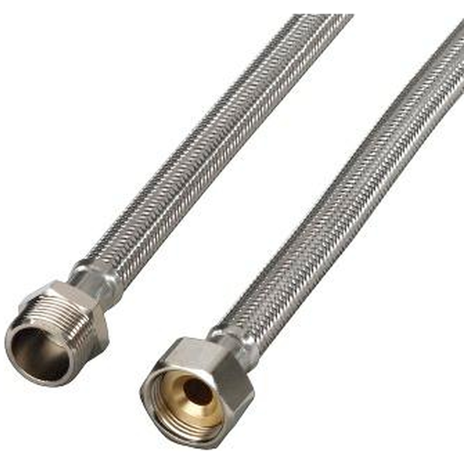 Deux tuyaux métalliques flexibles avec raccords, fond blanc.