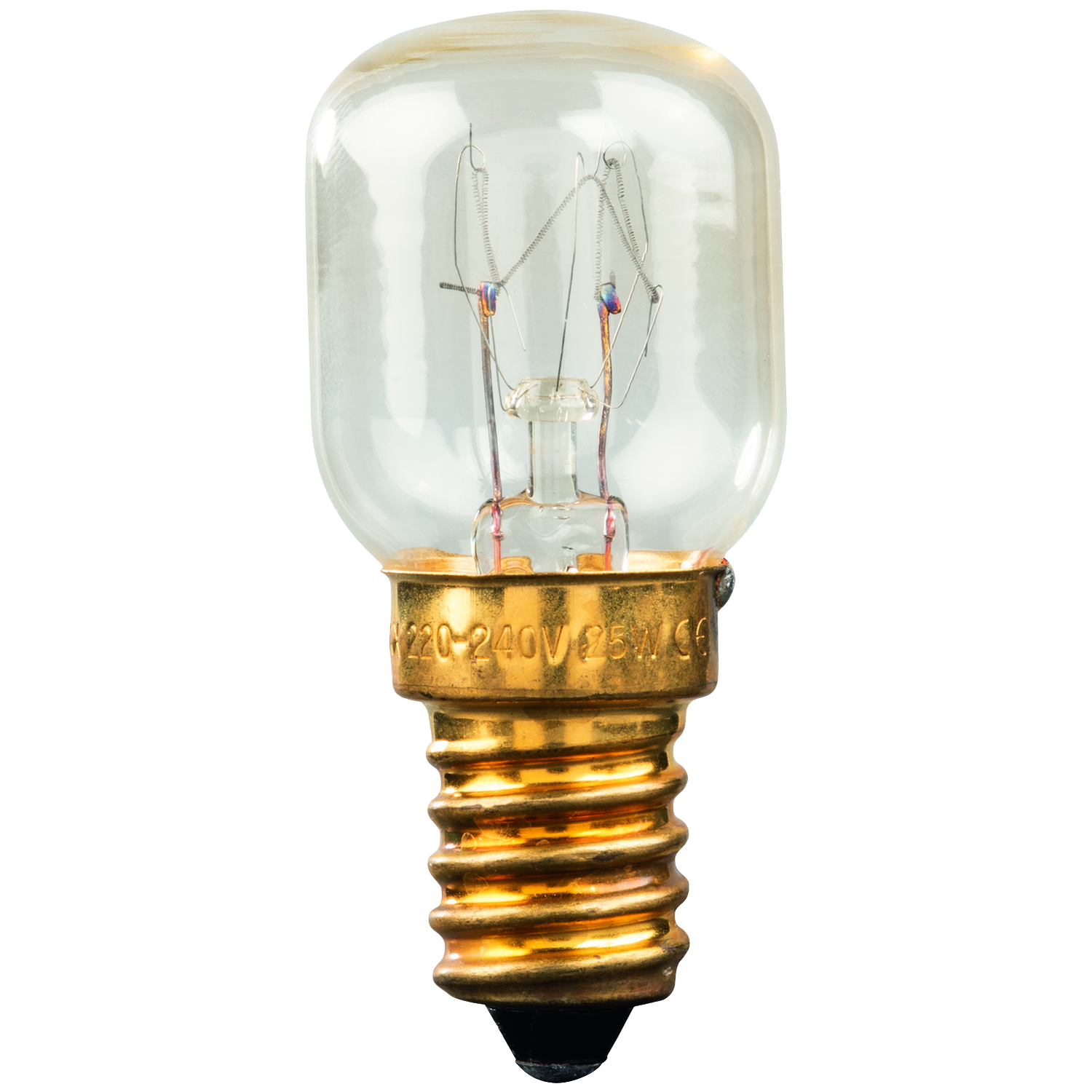 Kleine gloeilamp met schroefvoet en zichtbaar filament.