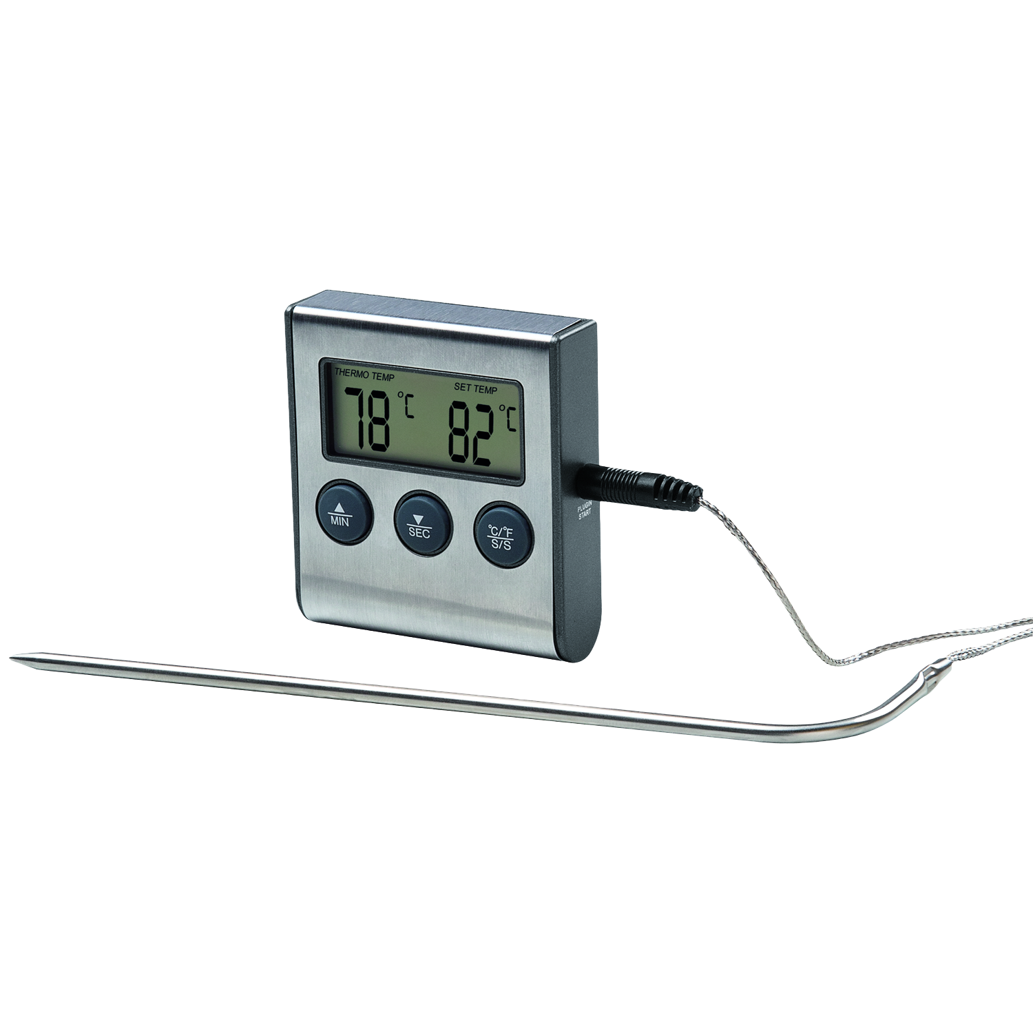 Een digitale vleesthermometer met een zilveren roestvrijstalen sonde en zwart display.