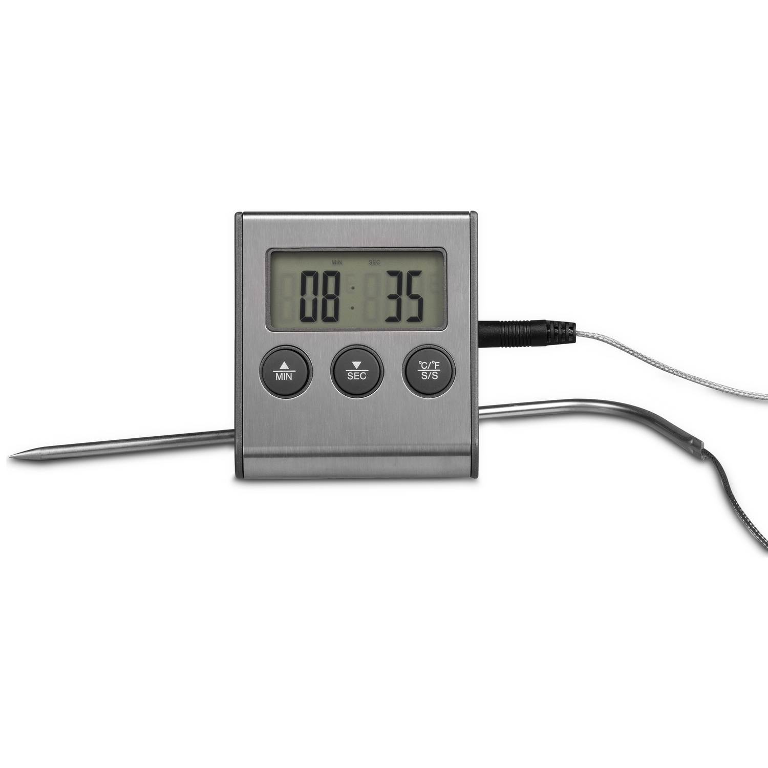 Digitale vleesthermometer met metalen sonde en kabel.