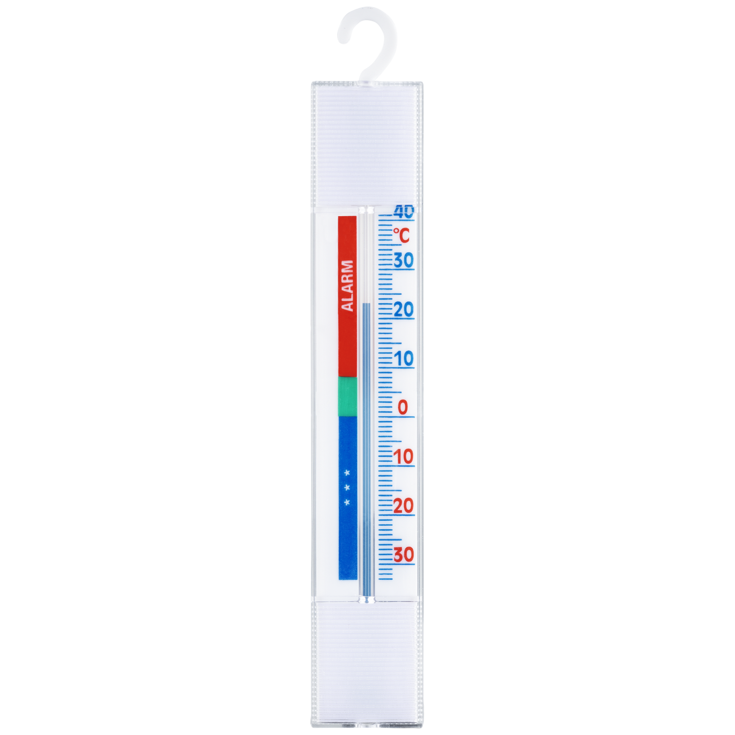 Een witte thermometer met een schaal van -30 tot 40 graden Celsius.