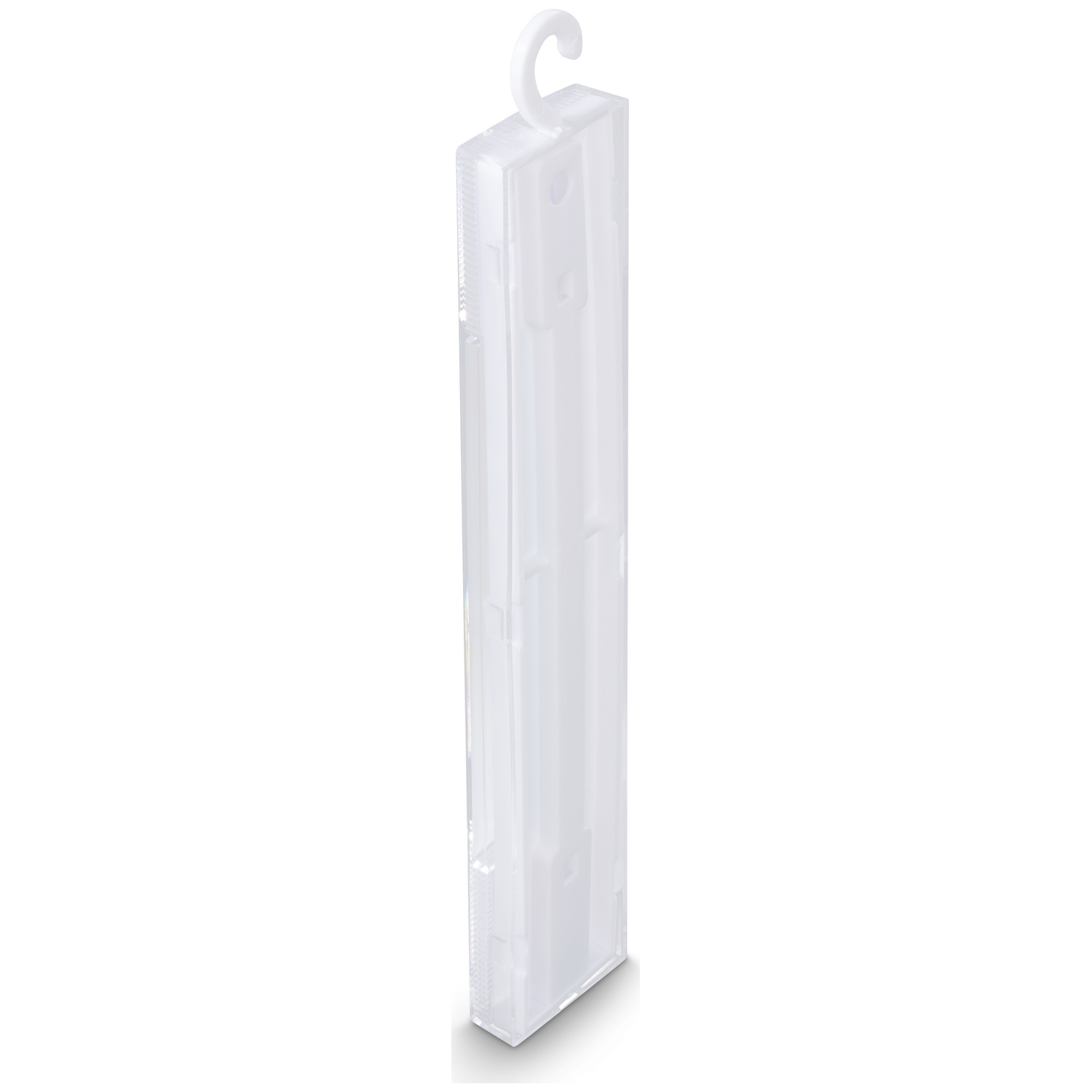 Een lange, doorzichtige plastic houder met ophanghaak.