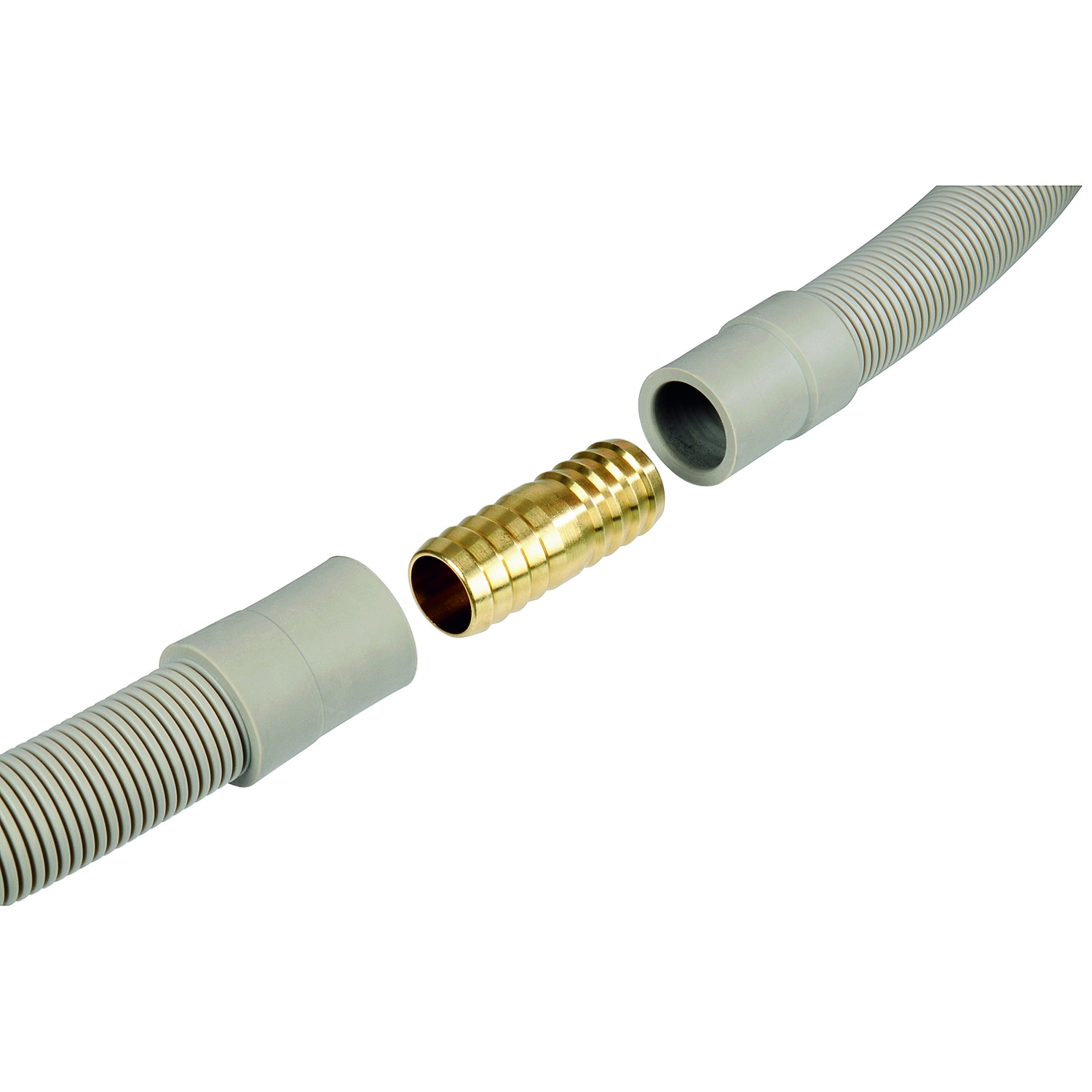 Gray hose and brass connector on a white background.