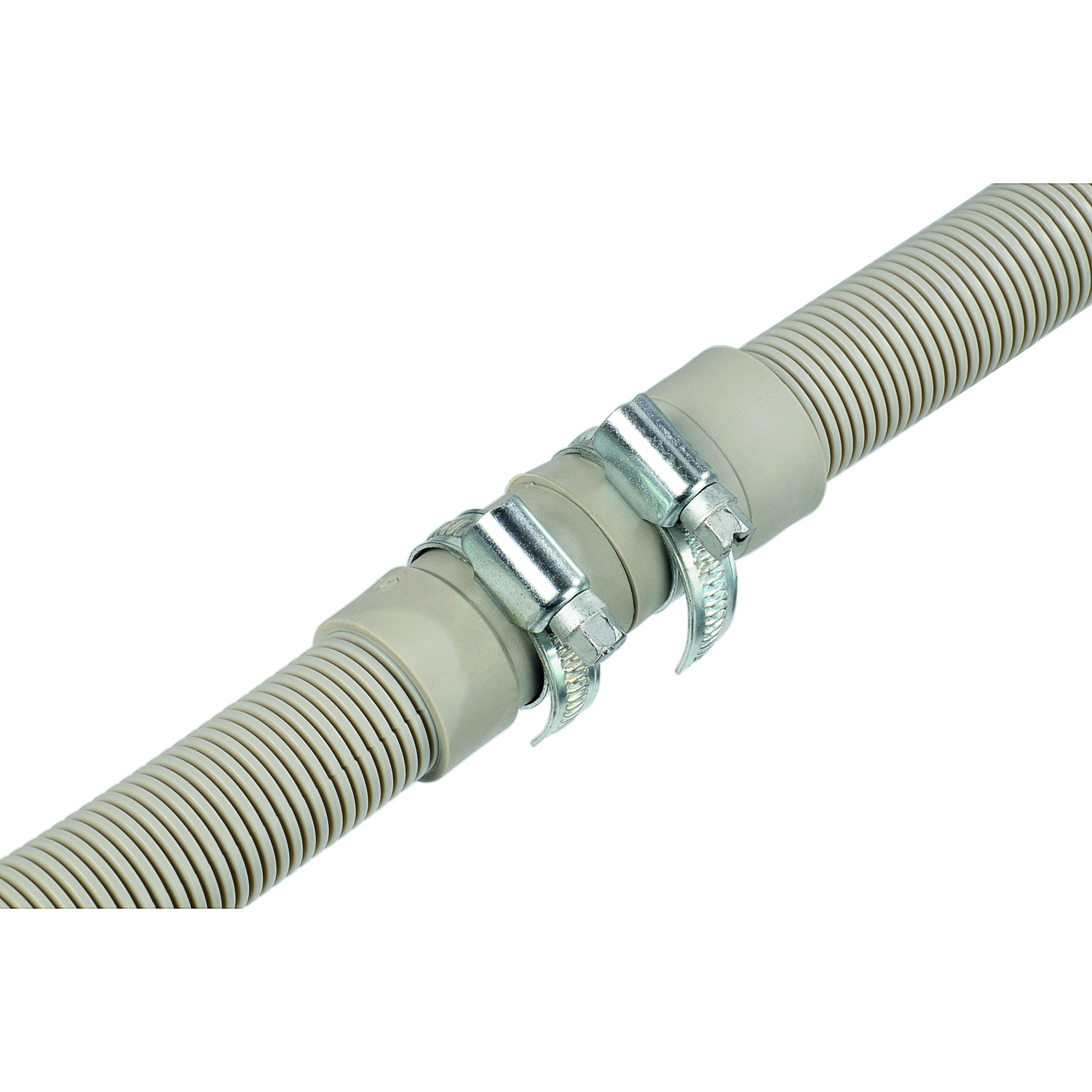 Gray corrugated hose connected with two metal clamps.