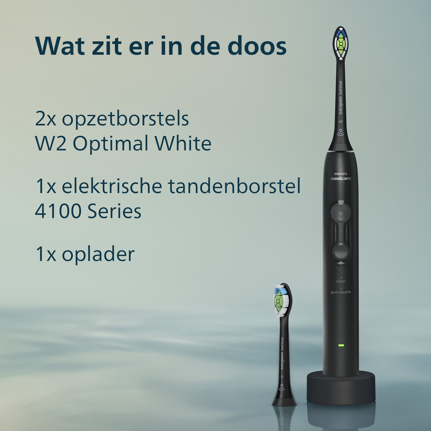 Een zwart Philips Sonicare handvat, opzetborstel en oplader.