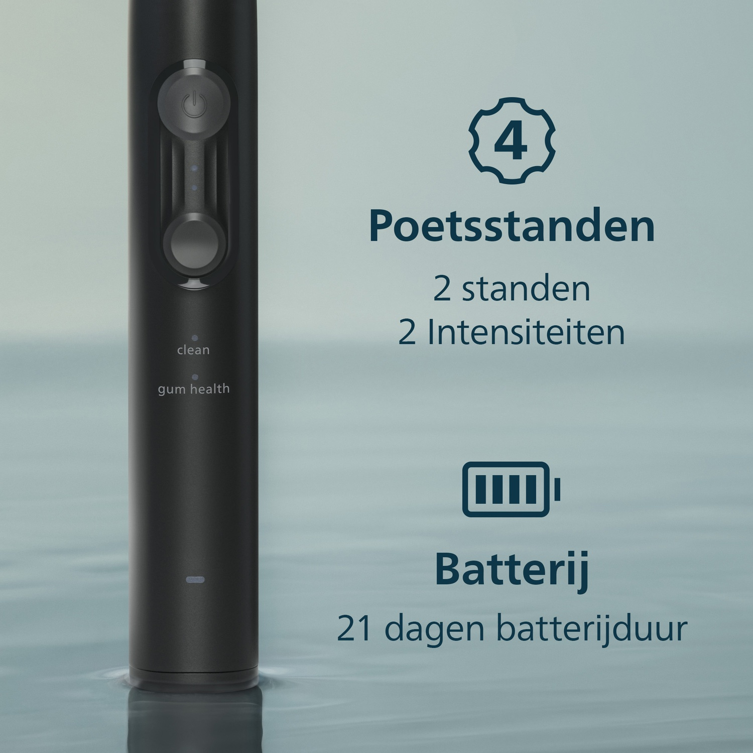 Zwarte elektrische tandenborstel met 4 poetsstanden en 21 dagen batterijduur.