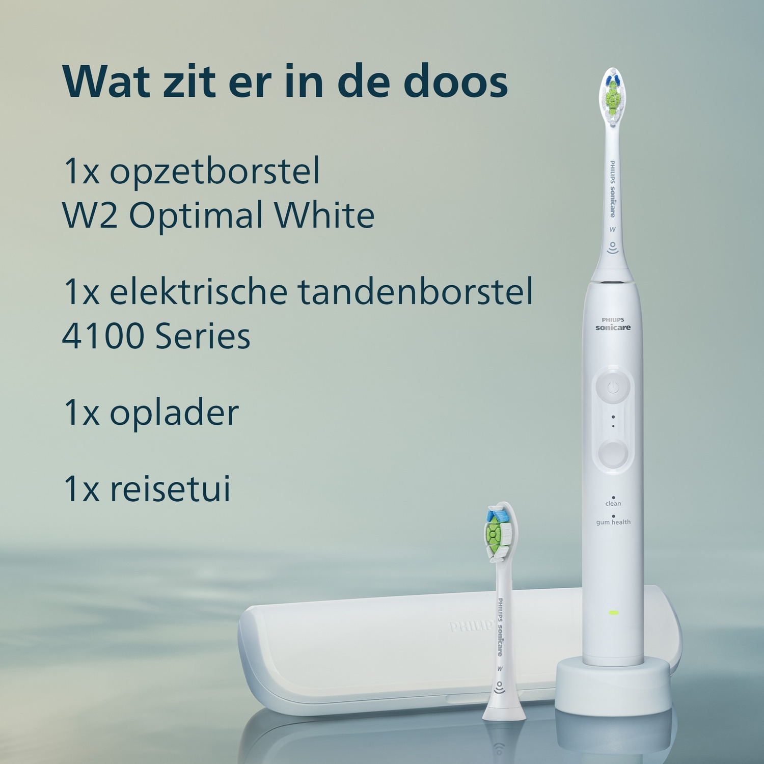 Witte elektrische tandenborstel met opzetstukken, lader en etui.