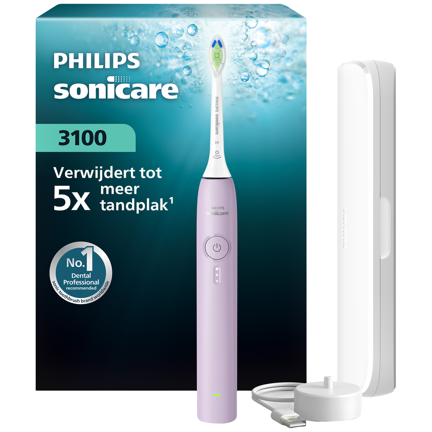 Een paarse Philips Sonicare 3100 elektrische tandenborstel met oplader.