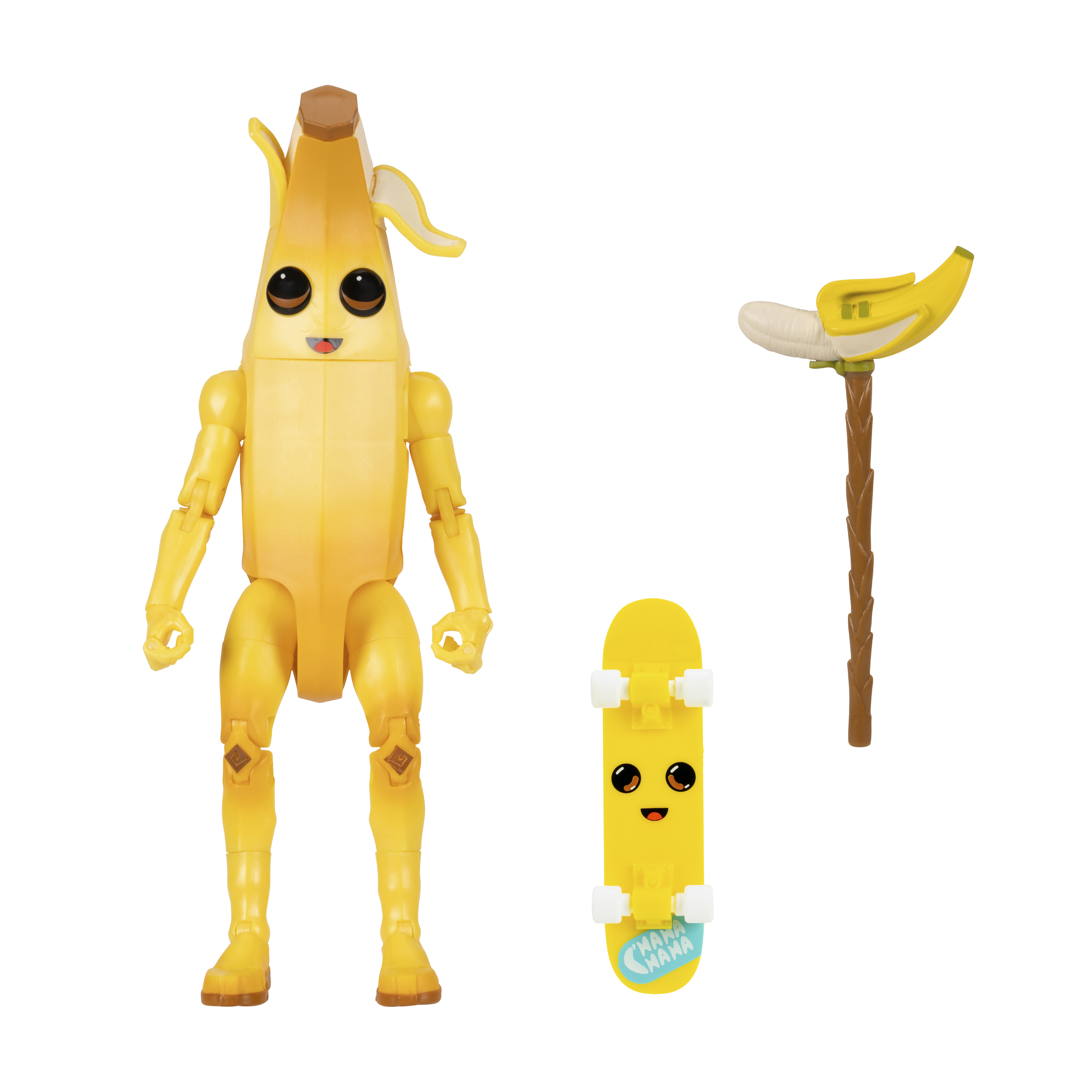 Eine gelbe Bananenfigur mit einem Skateboard und einer Spitzhacke.