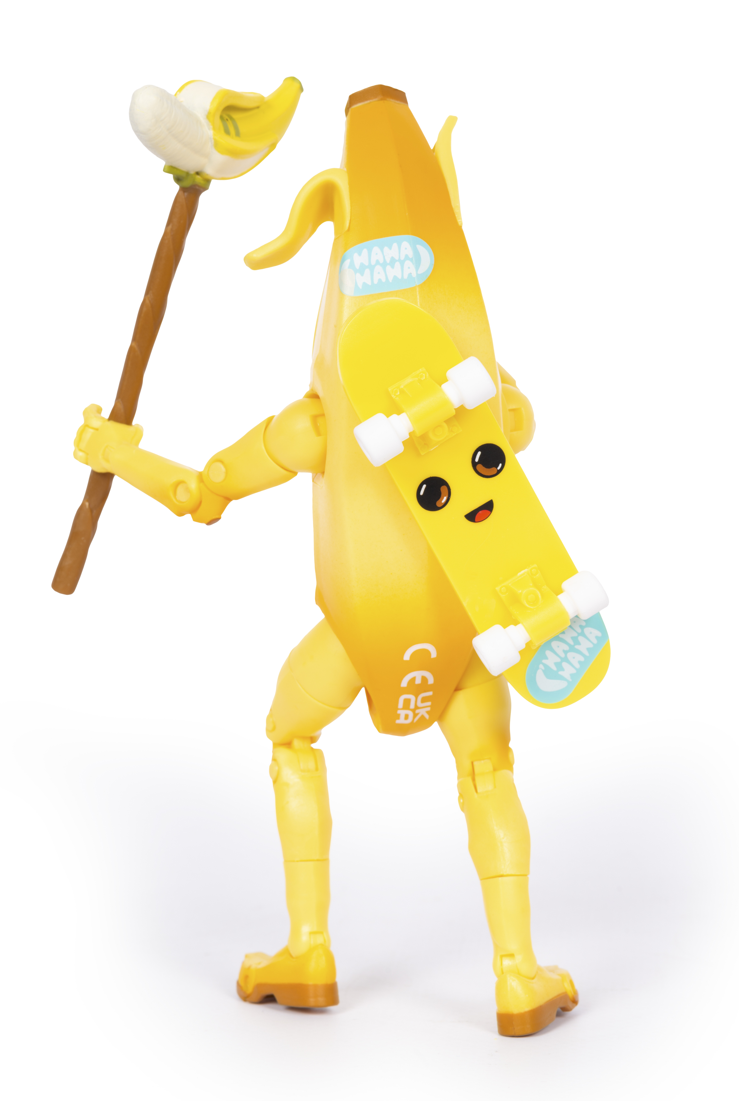 Eine gelbe Bananenfigur mit einem Skateboard und einem Stiel hält einen zerknüllten Bananenstab.