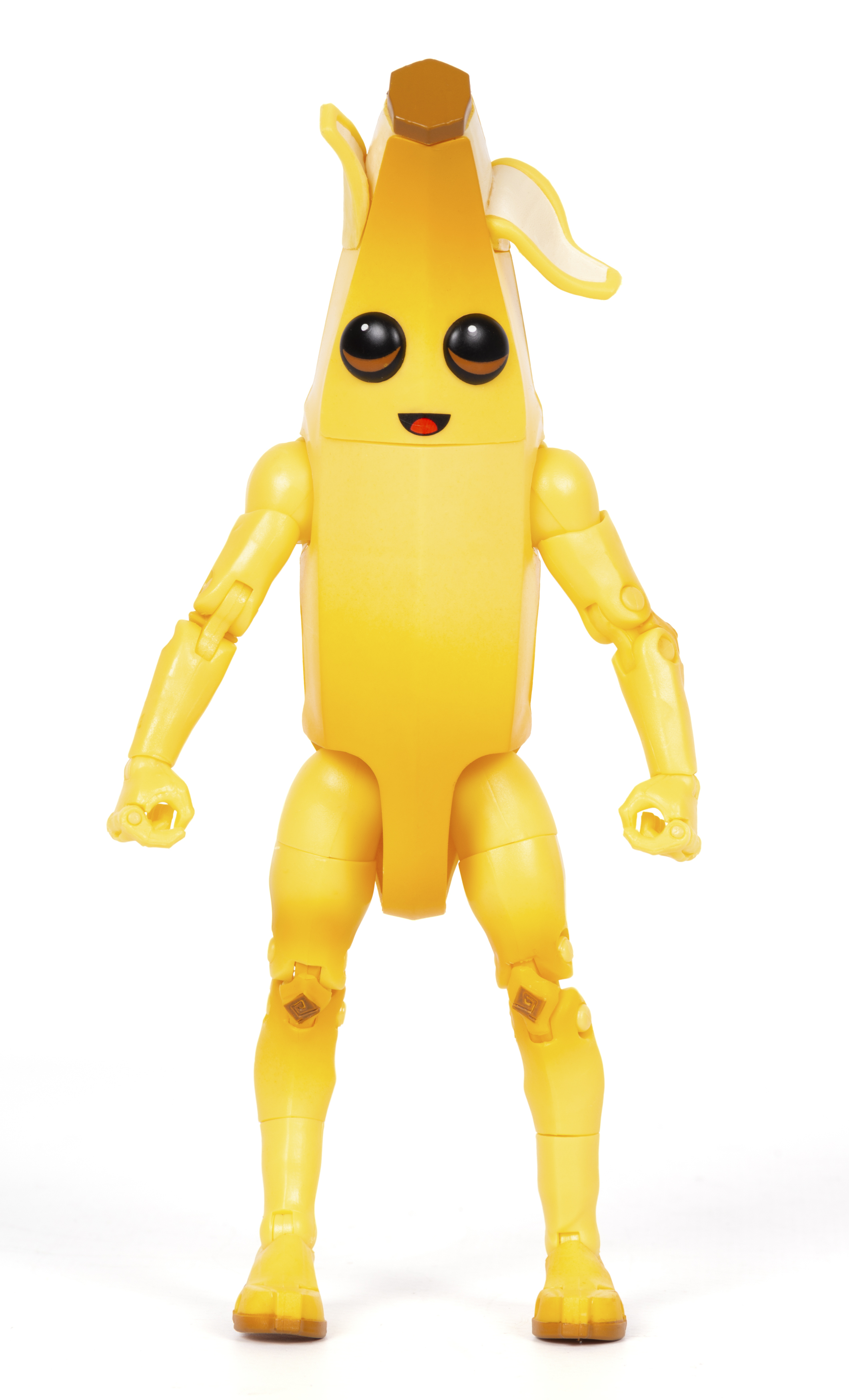 Eine gelbe Bananenfigur mit Augen und Mund steht auf weißem Hintergrund.