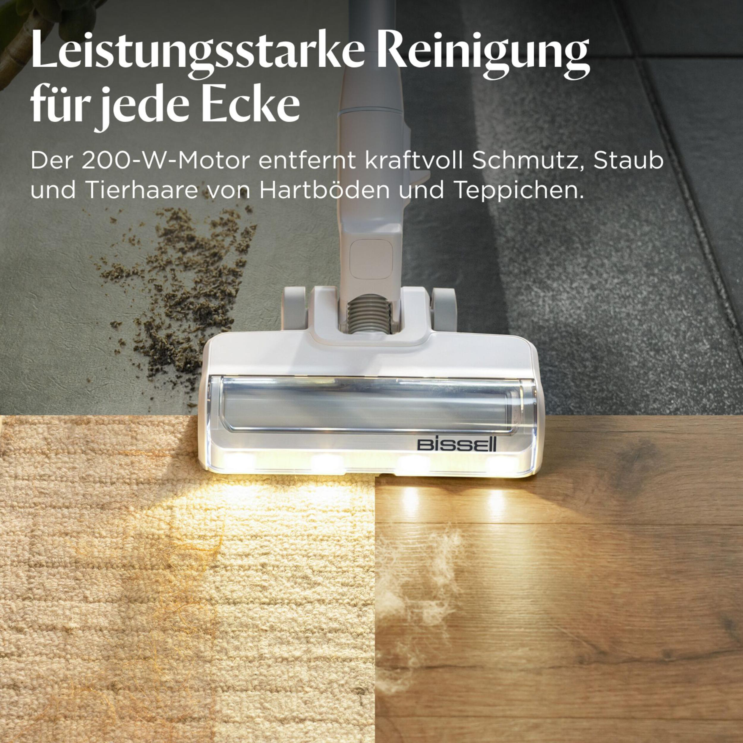 Ein weißer Bissell Staubsauger reinigt Teppich und Holz.