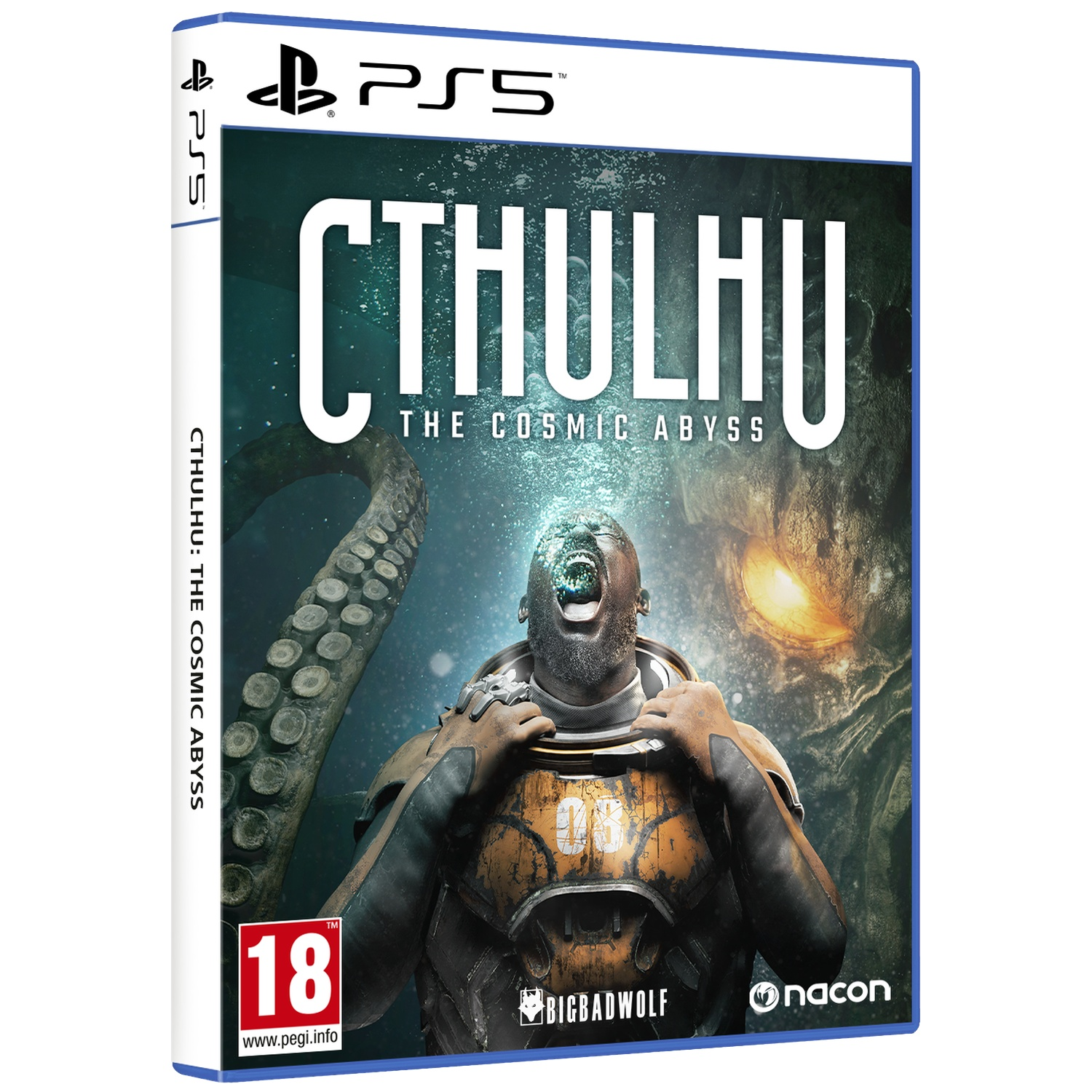 Couverture du jeu PS5 Cthulhu: The Cosmic Abyss. Homme en scaphandre, tentacule, monstre.