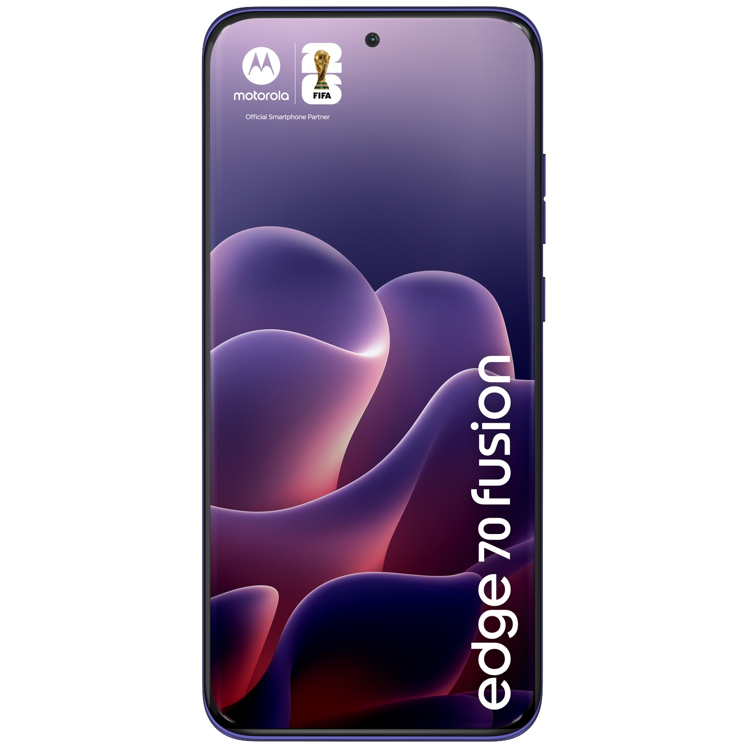 Een paarse Motorola Edge 70 Fusion smartphone met het FIFA-logo op het scherm.