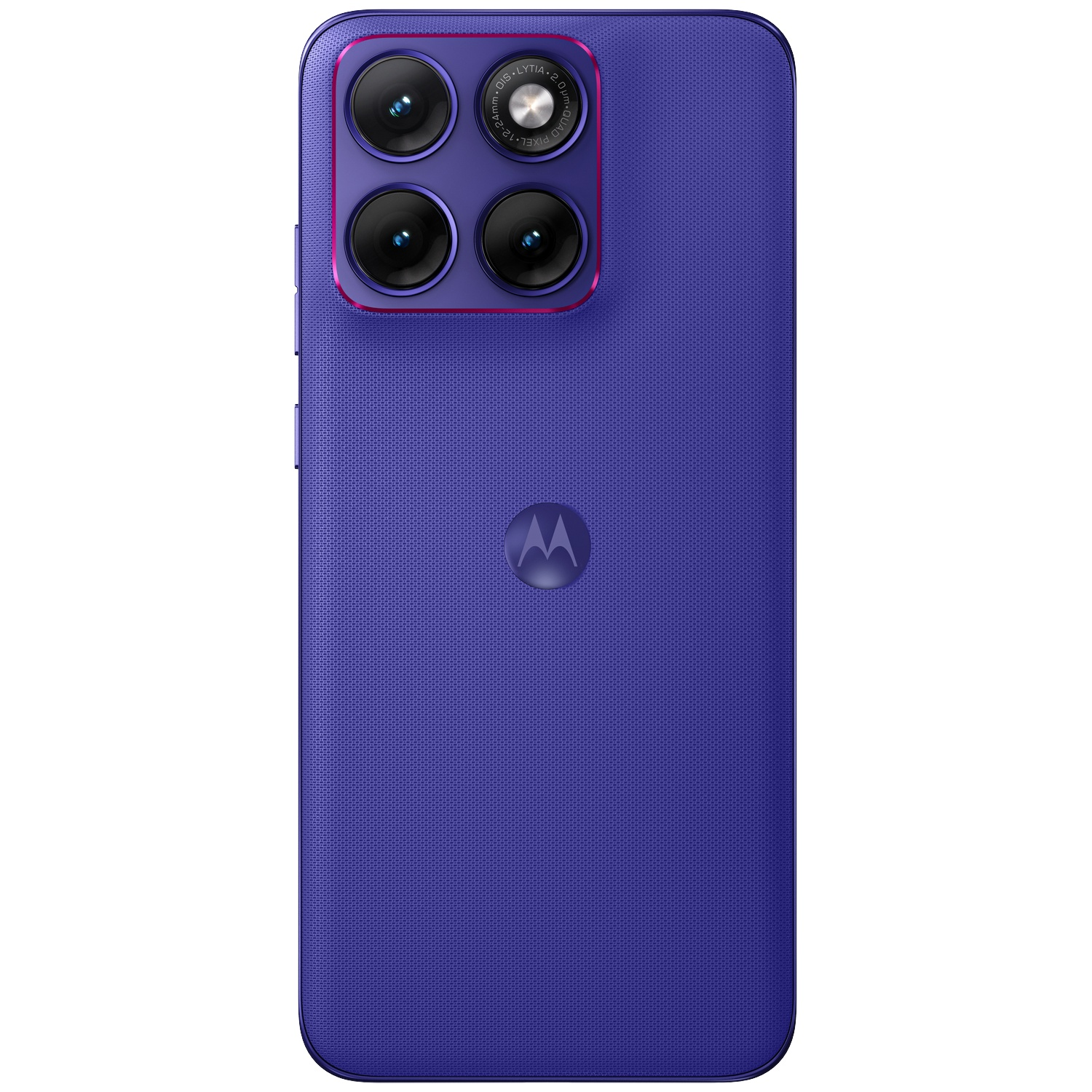 Achterkant van een paarse smartphone met vier camera's en Motorola-logo.