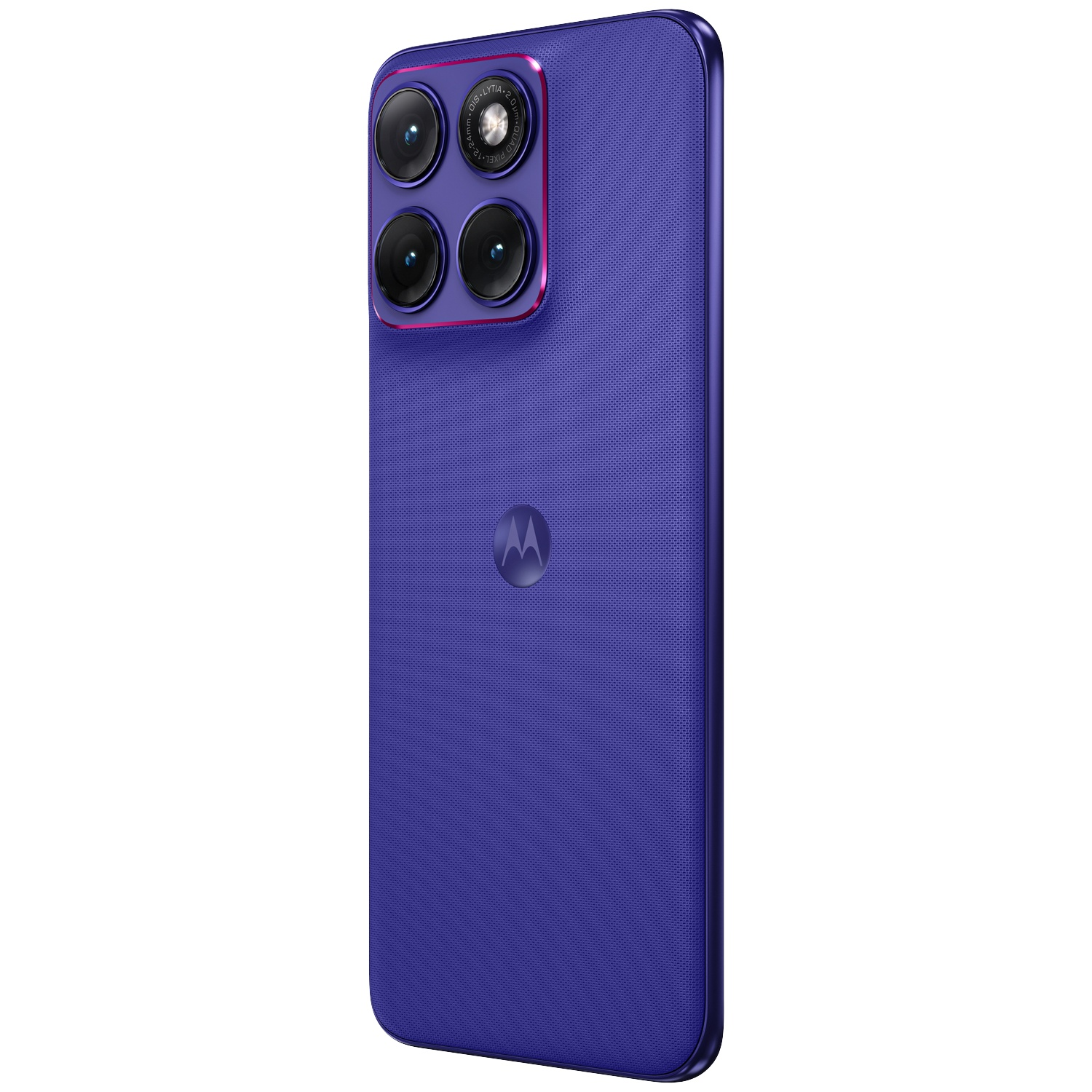 Paarse smartphone met vier camera's en Motorola-logo.