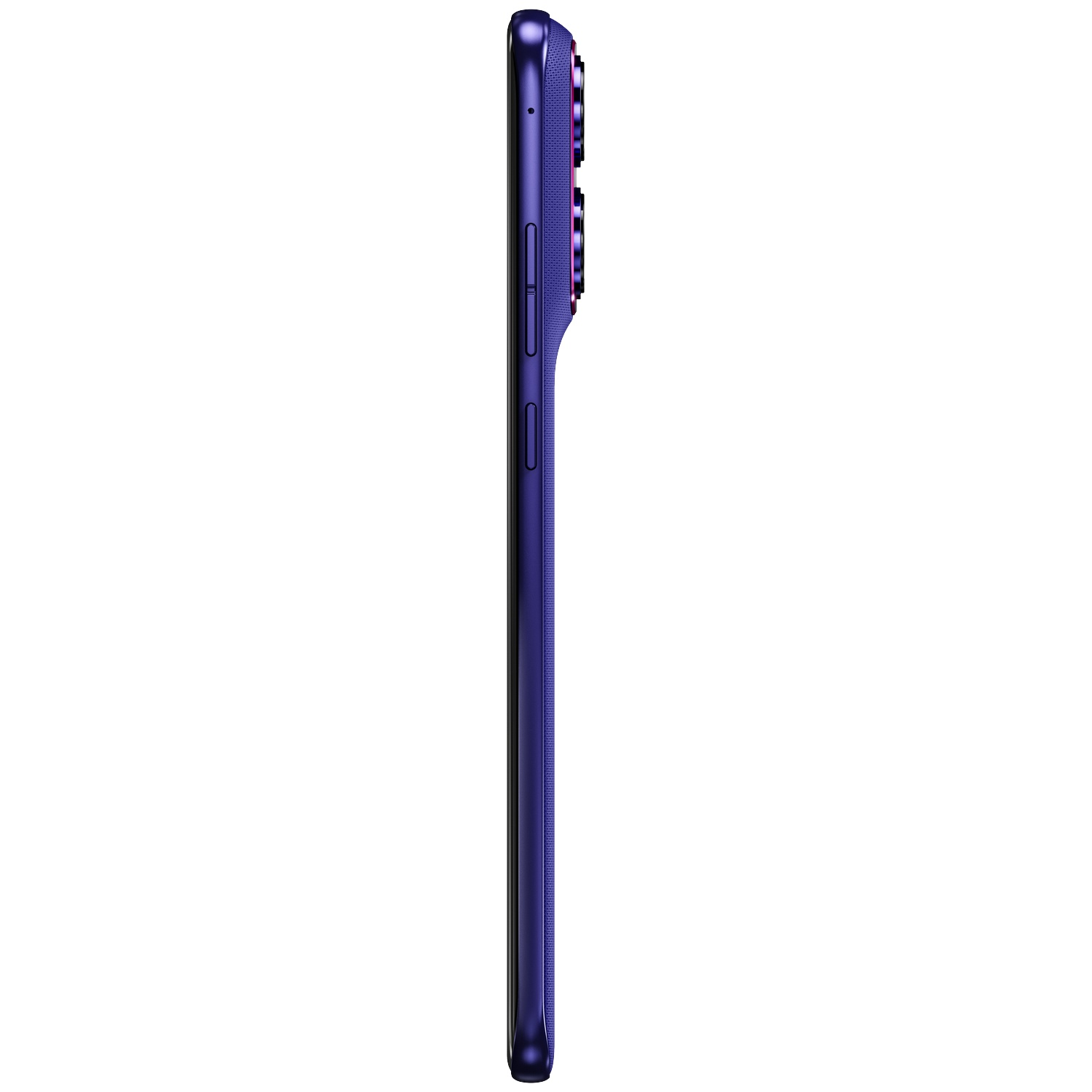 Donkerblauwe smartphone met camera's aan de linkerkant, wit.