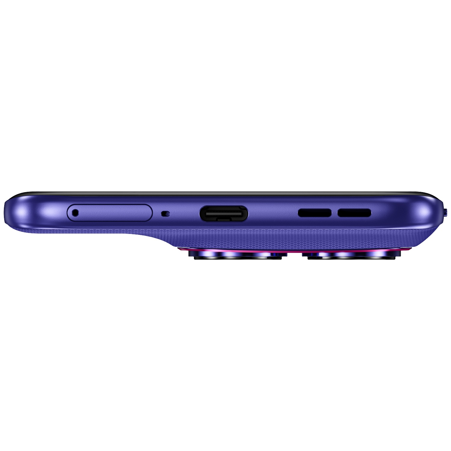 Zijdelings zicht op paarse smartphone met USB-C poort, microfoon en luidsprekerroosters.